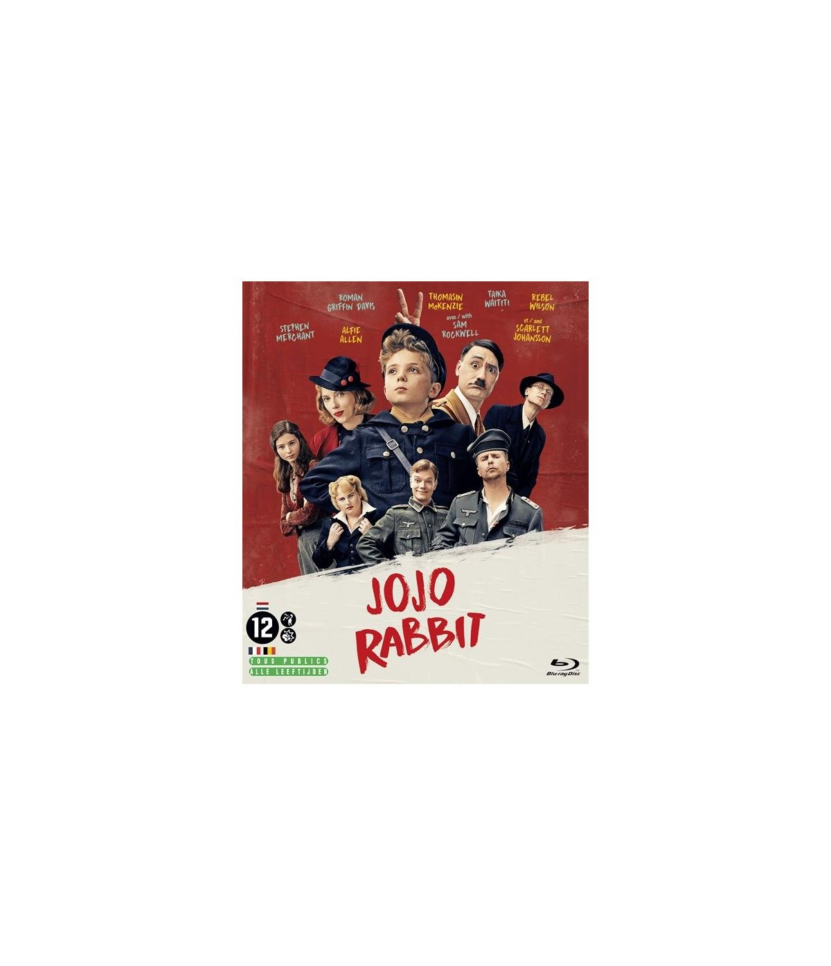 DVD-hoes: Groep mensen, titel 'JOJO RABBIT'. Rode achtergrond. Nummer 12 onderaan.