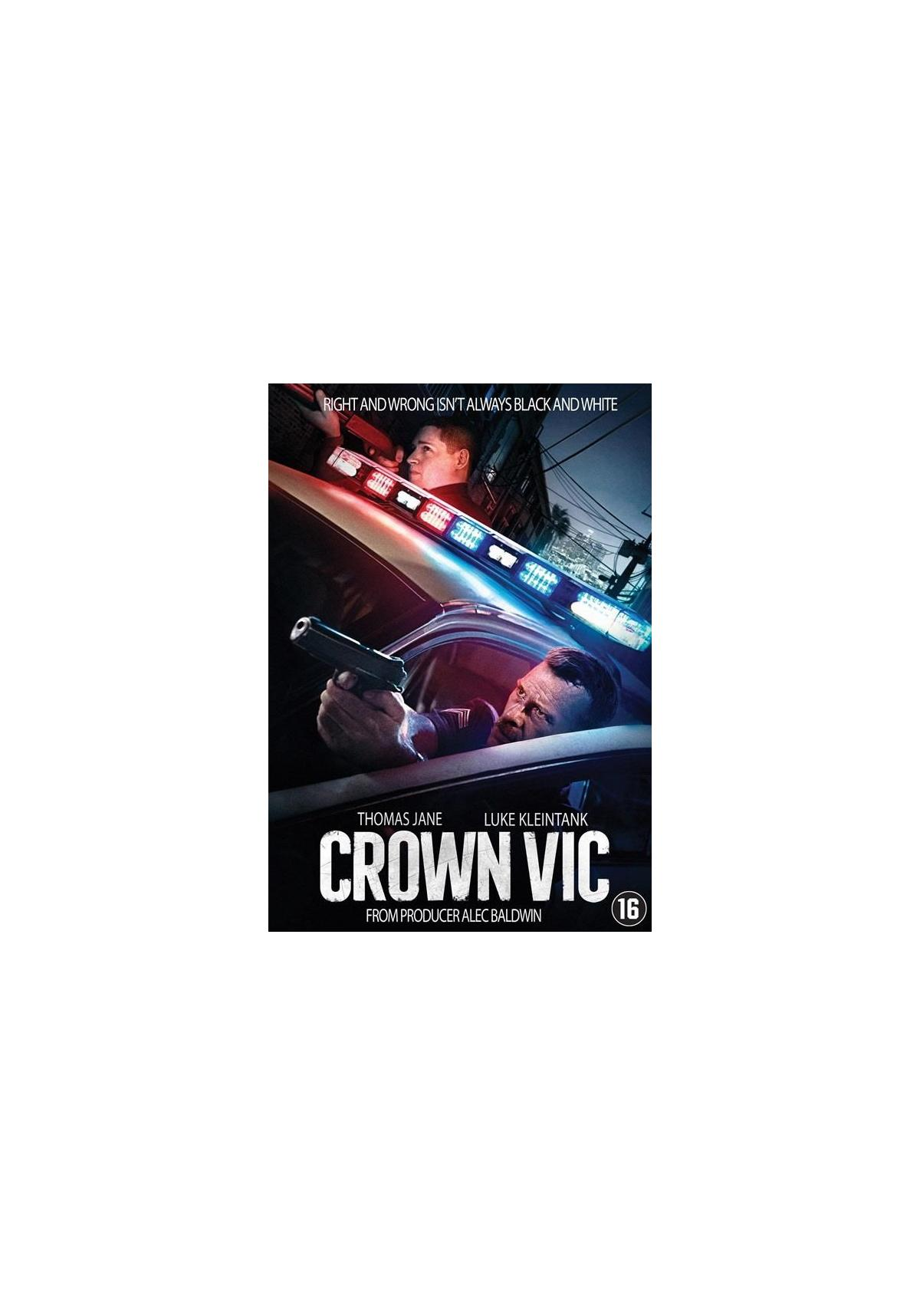 Filmposter voor Crown Vic. Een politieauto staat in de scène. De titel staat in het midden, samen met twee mannen.