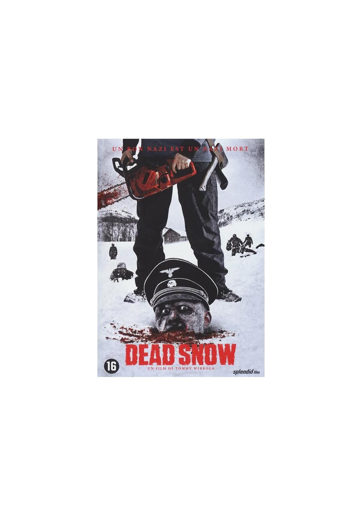 Affiche du film Dead Snow. Un homme tenant une tronçonneuse, tête nazie. Le titre est en bas.