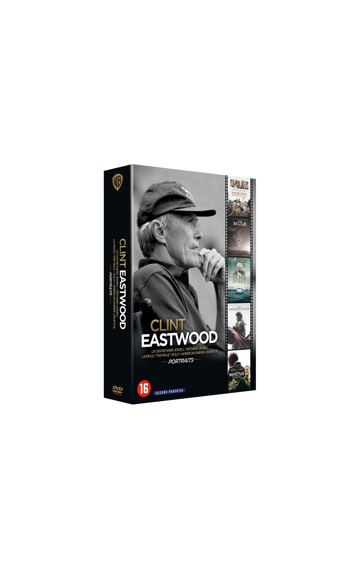 Couverture du film "Clint Eastwood Portraits". Une boîte avec Clint Eastwood dessus et d'autres images.