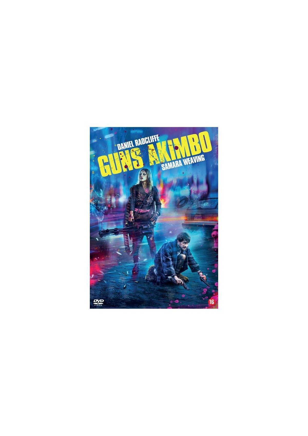 Couverture DVD Guns Akimbo avec Daniel Radcliffe et une femme maniant une arme.