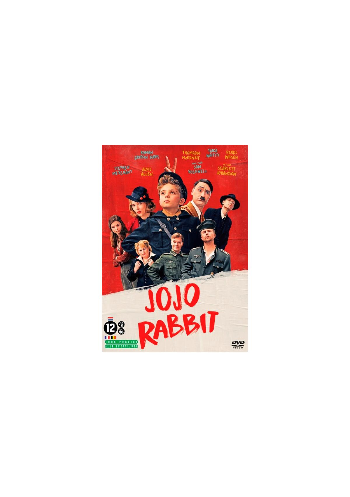 Couverture DVD : Groupe de personnes, titre 'Jojo Rabbit'. Garçon en uniforme. Officier nazi. Comédie et drame.