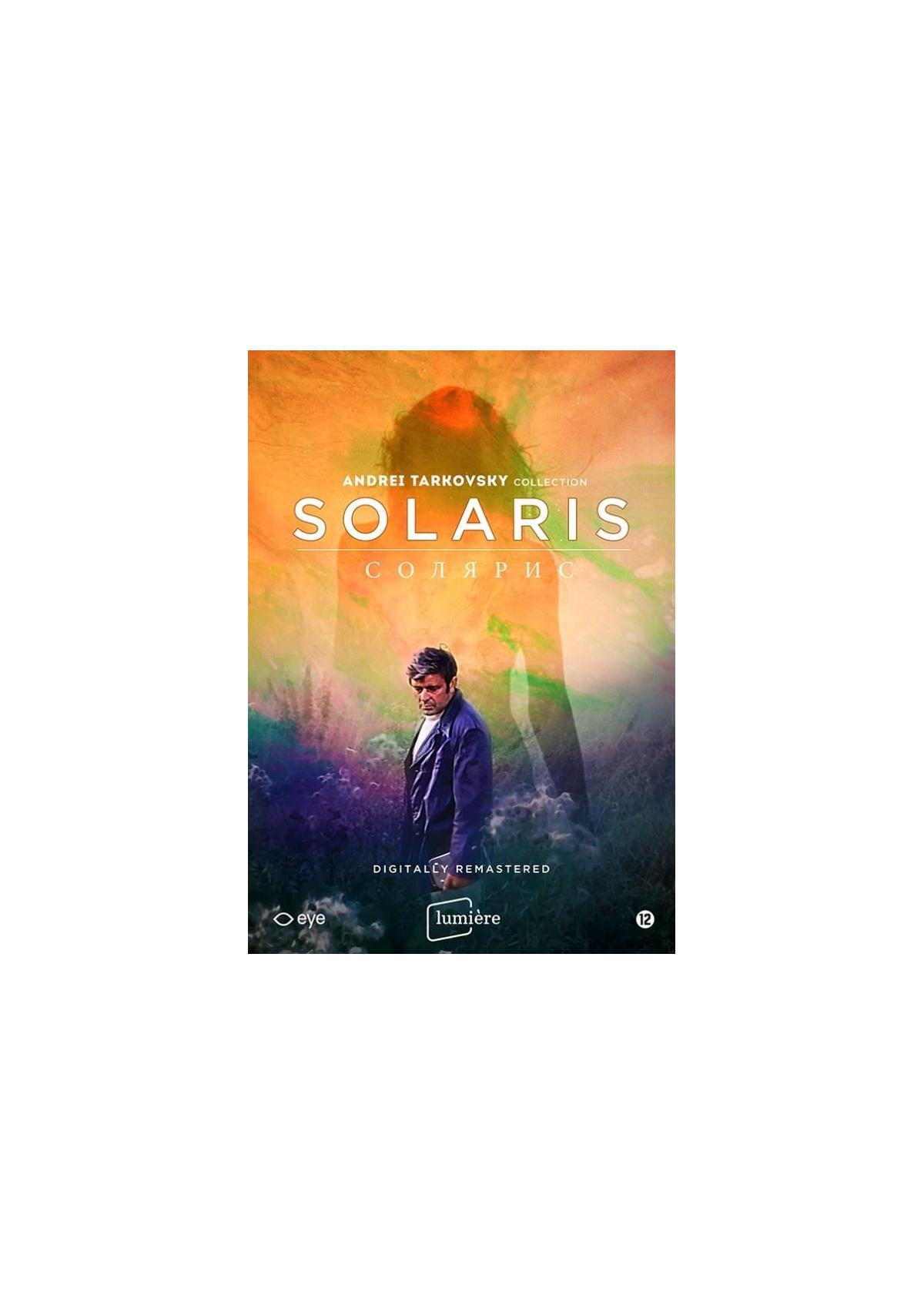 Filmposter: Solaris. Man in blauwe jas. Abstracte achtergrond met oranje en paars.