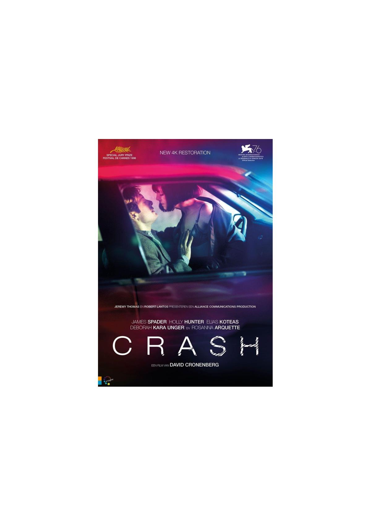Affiche du film "Crash". Deux personnes s'embrassent à l'intérieur d'une voiture, avec un fond sombre.