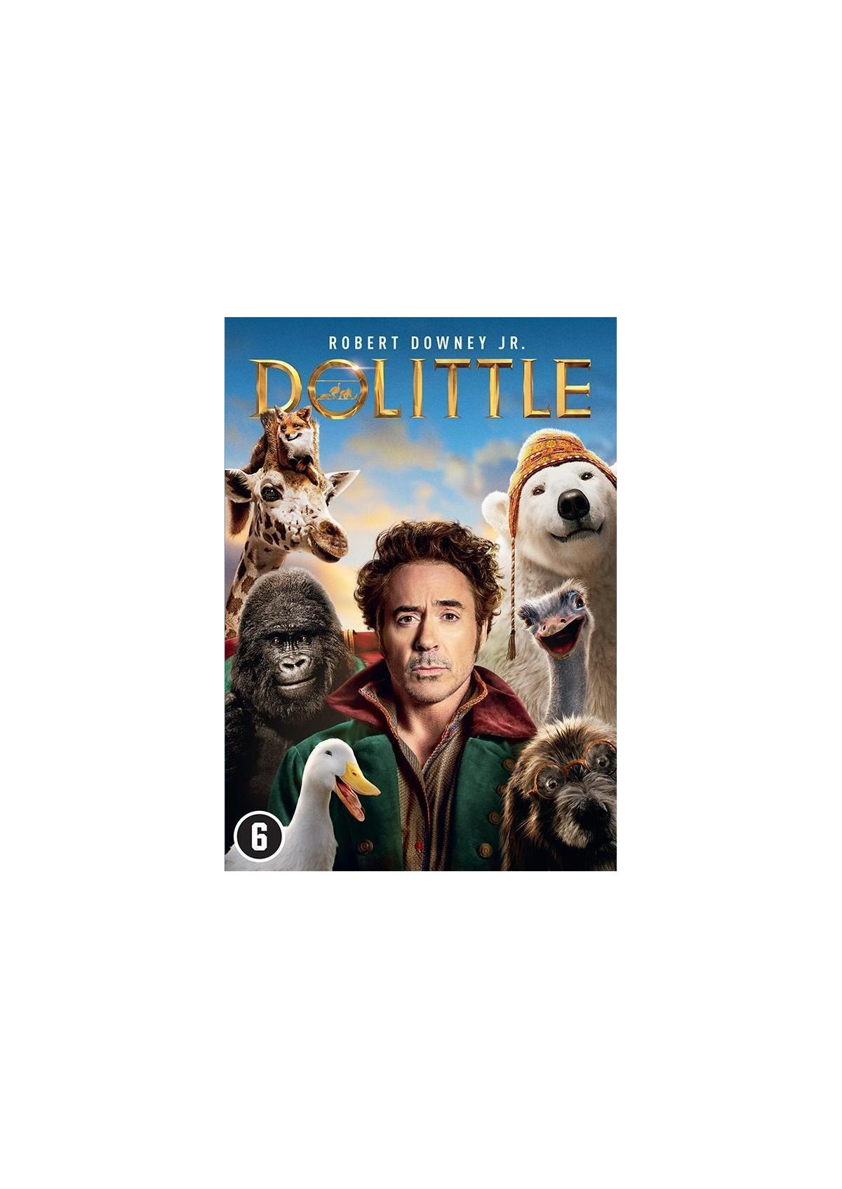 Couverture du DVD Dolittle. Robert Downey Jr. et des animaux comme une girafe, un gorille, un ours polaire.