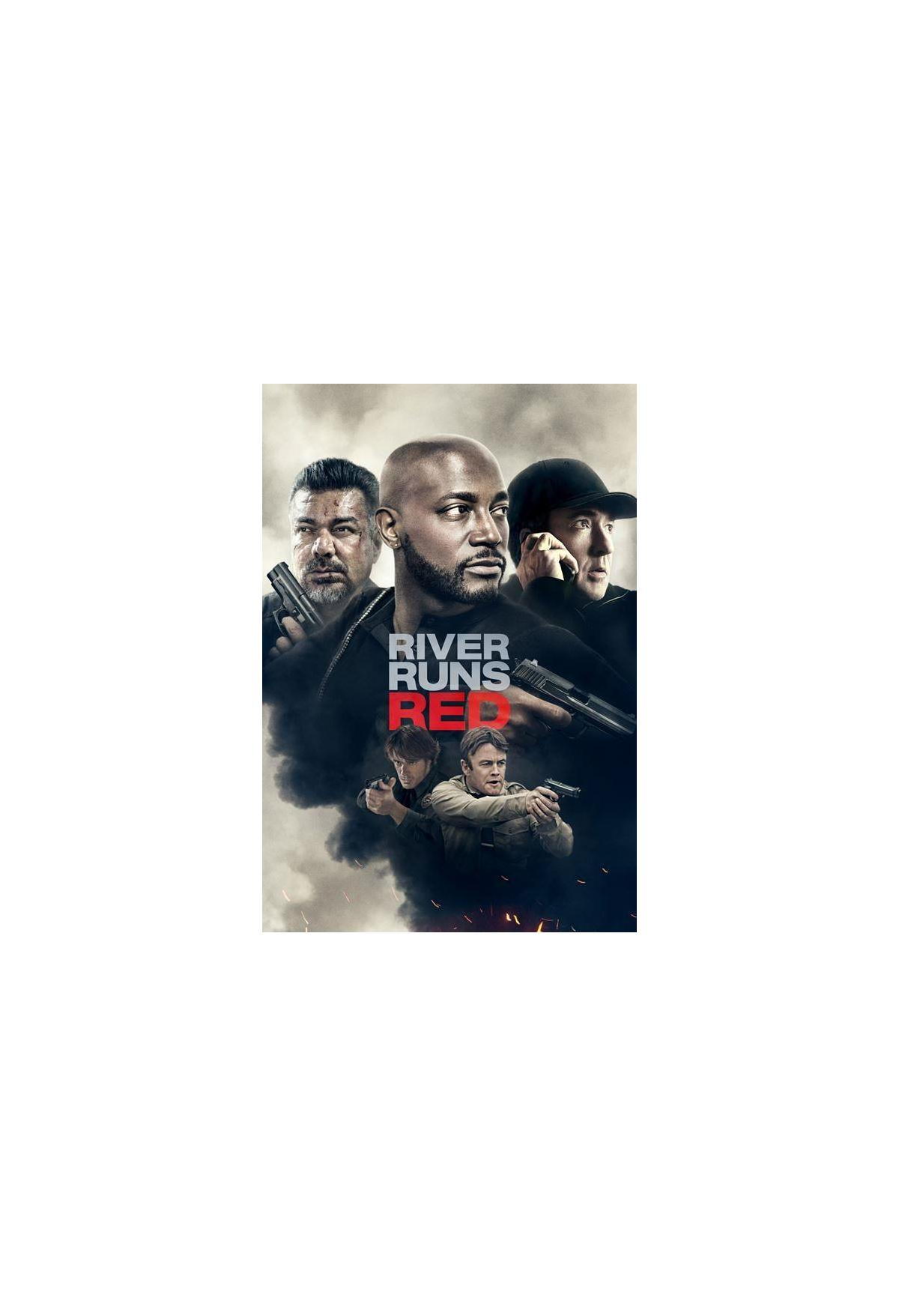 DVD-hoes: Drie mannen met pistolen, titel 'River Runs Red'. Eén man staat in het midden. Donkere achtergrond.