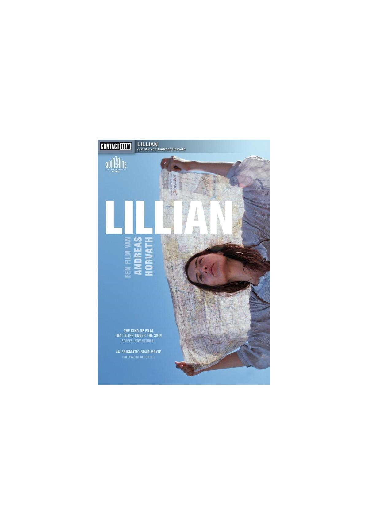 Affiche du film 'Lillian'. Une femme tient une carte contre un ciel bleu. Le titre est centré.
