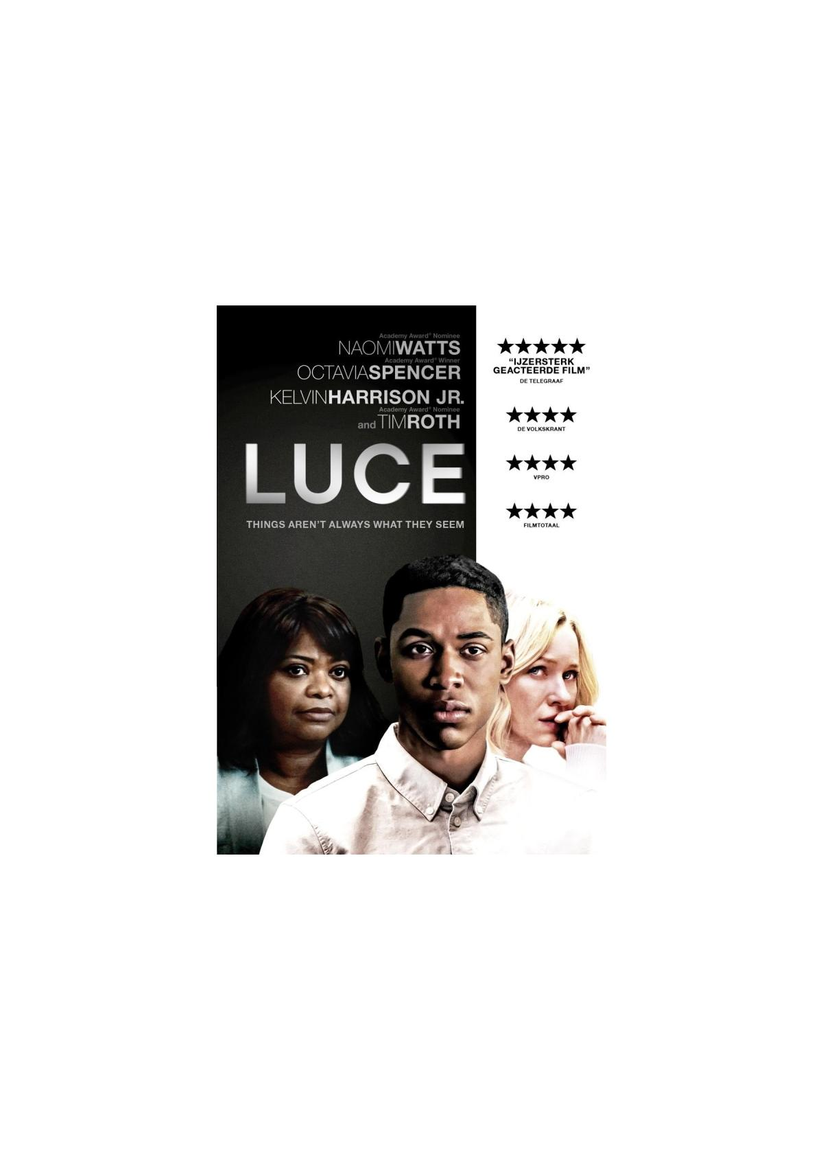 Couverture DVD de 'Luce'. Trois personnes, un homme noir, une femme noire et une femme blanche.
