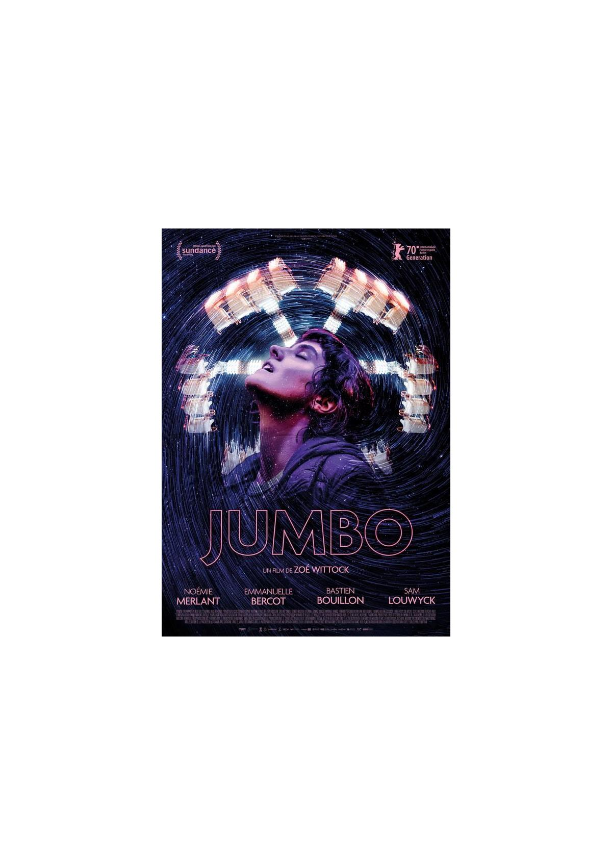 Affiche du film : Jumbo, une femme levant les yeux avec un fond de lumières et d'étoiles.