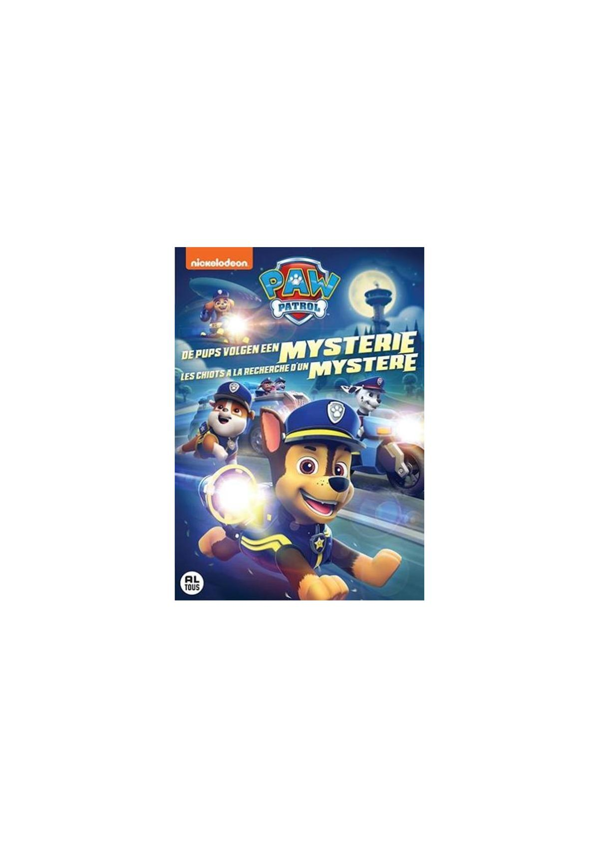 Filmoverzicht 'Paw Patrol: Mystery' met Chase de hond met een zaklamp en andere personages.