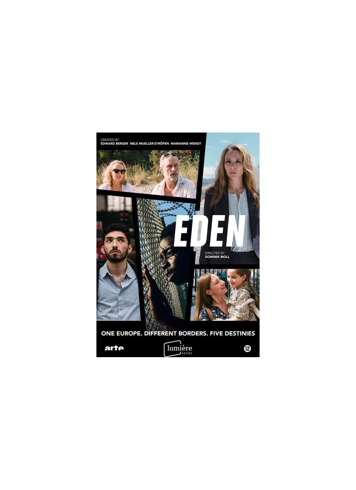Eden DVD-hoes toont meerdere gezichten en tekst, met een rasterachtige opstelling.