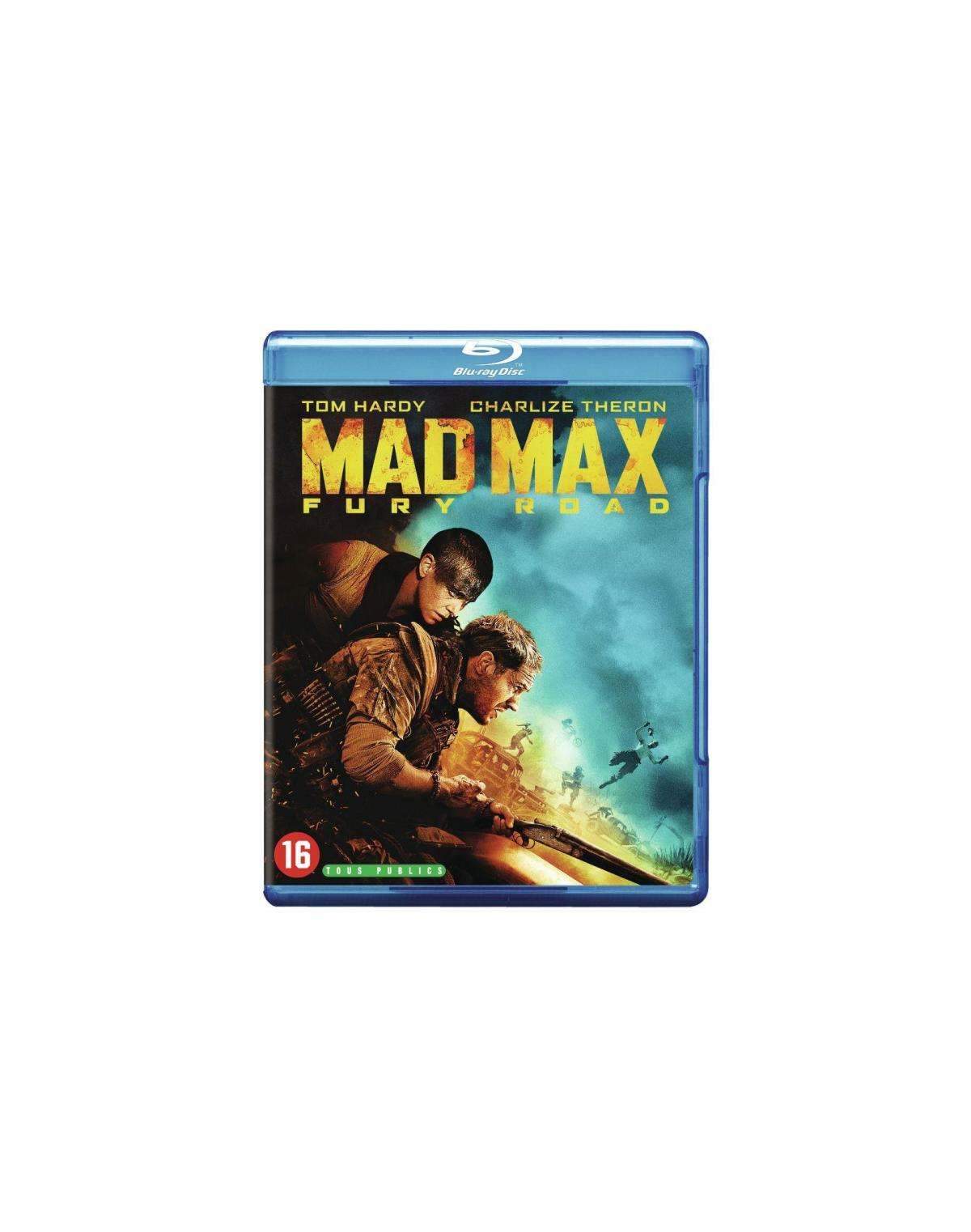 Affiche du film 'Mad Max: Fury Road', deux hommes dans un paysage désertique. Explosions en arrière-plan. Blu-ray.