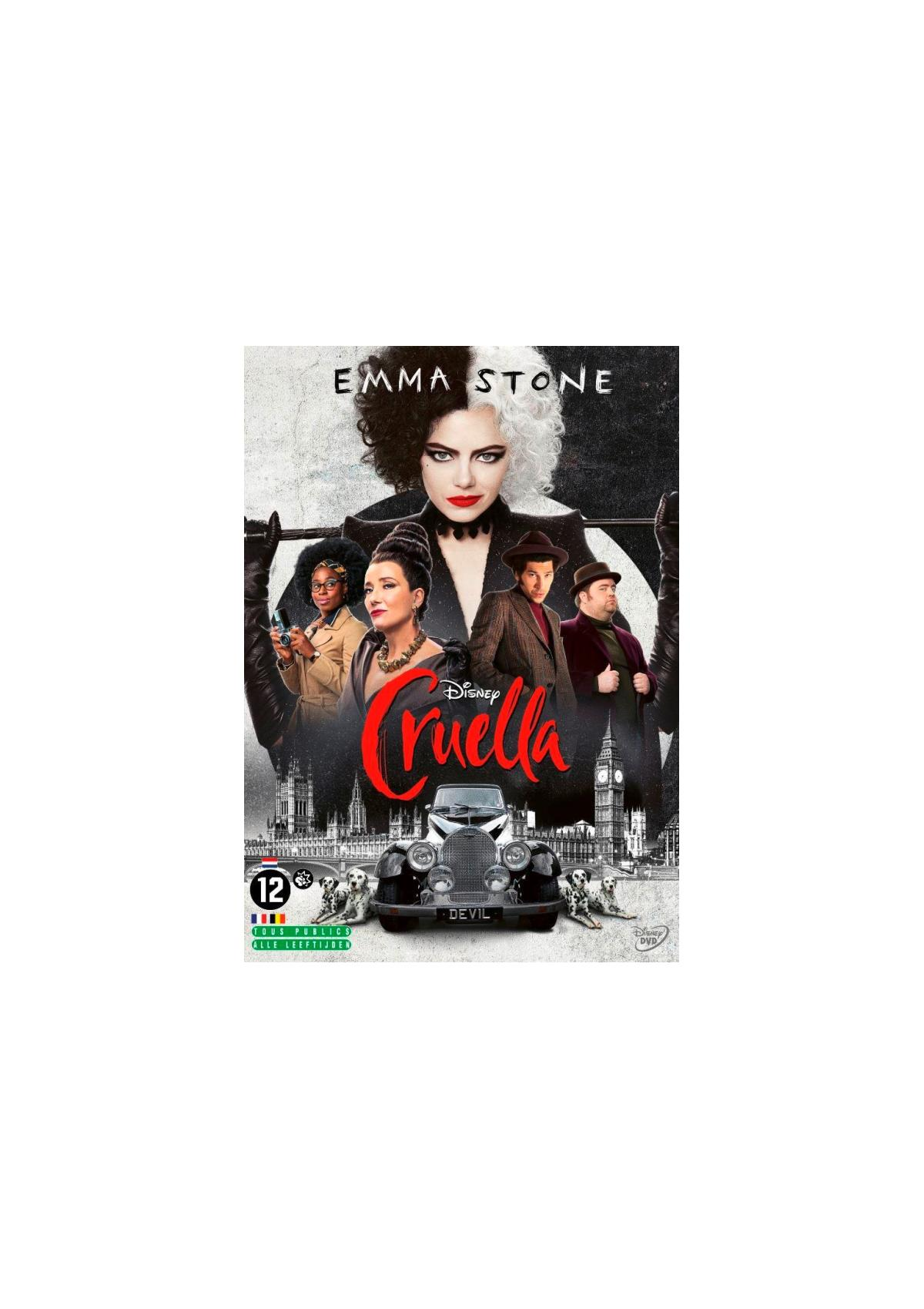 Filmposter met Emma Stone. De titel is Cruella. De achtergrond is een stad en er is een auto.