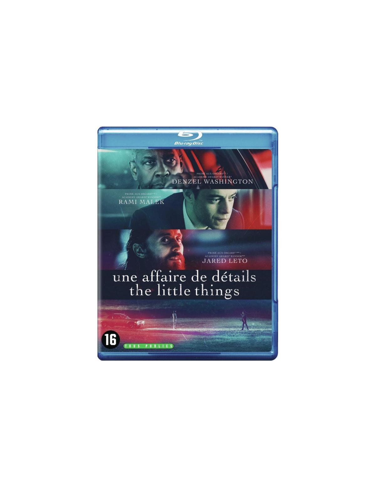 La couverture du DVD The Little Things présente Denzel Washington et Rami Malek avec du texte et une toile de fond urbaine.