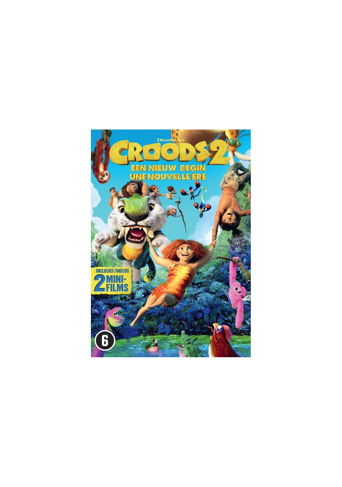 Croods 2 filmposter. Kleurrijke scène met holbewoners en prehistorische dieren.