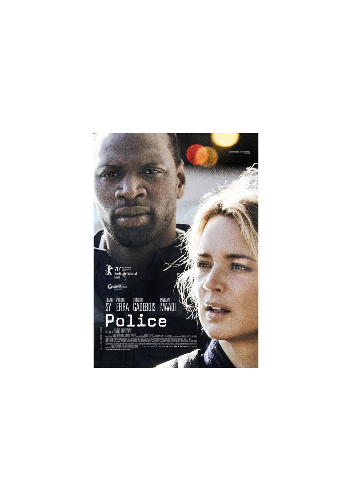 Affiche de film avec deux personnes, le titre est Police. L'arrière-plan a une rue, avec une voiture.