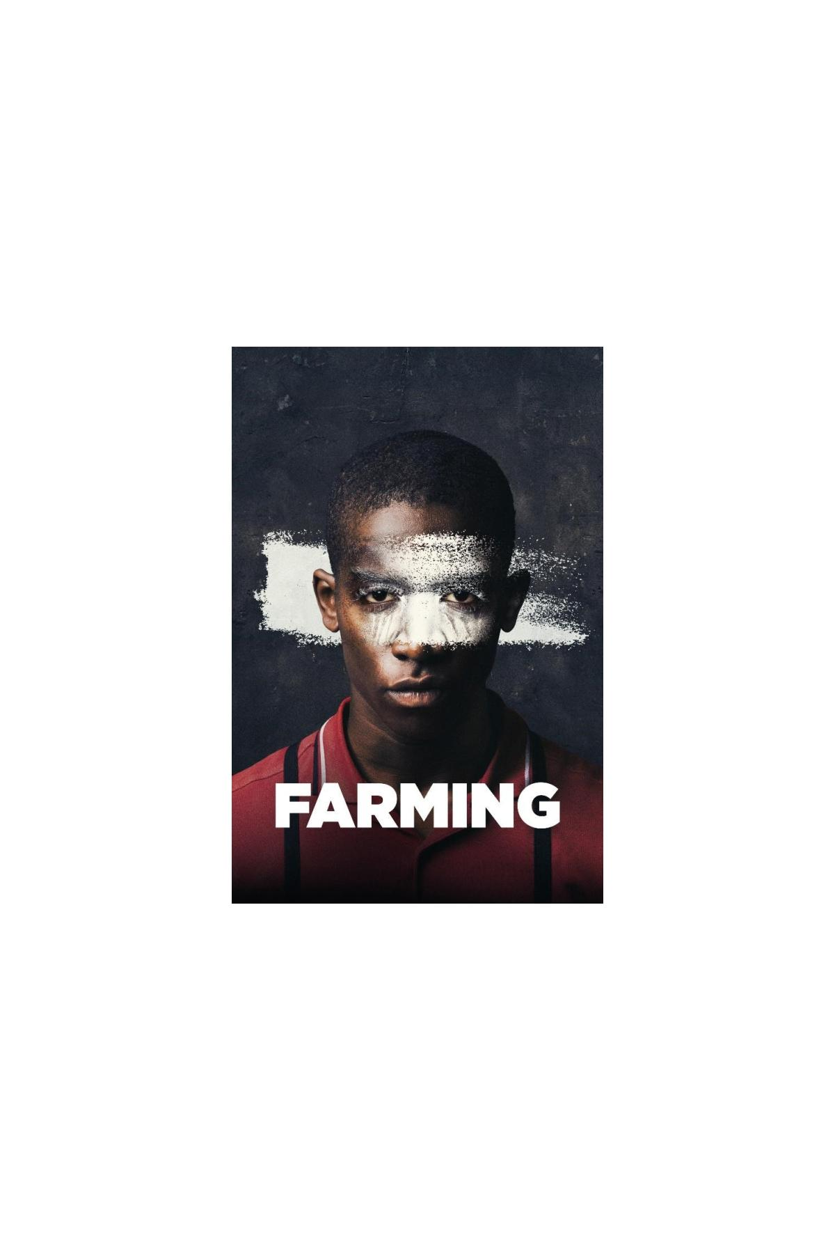 Filmposter, gezicht van een zwarte man met witte verf. Titel: 'Farming'.