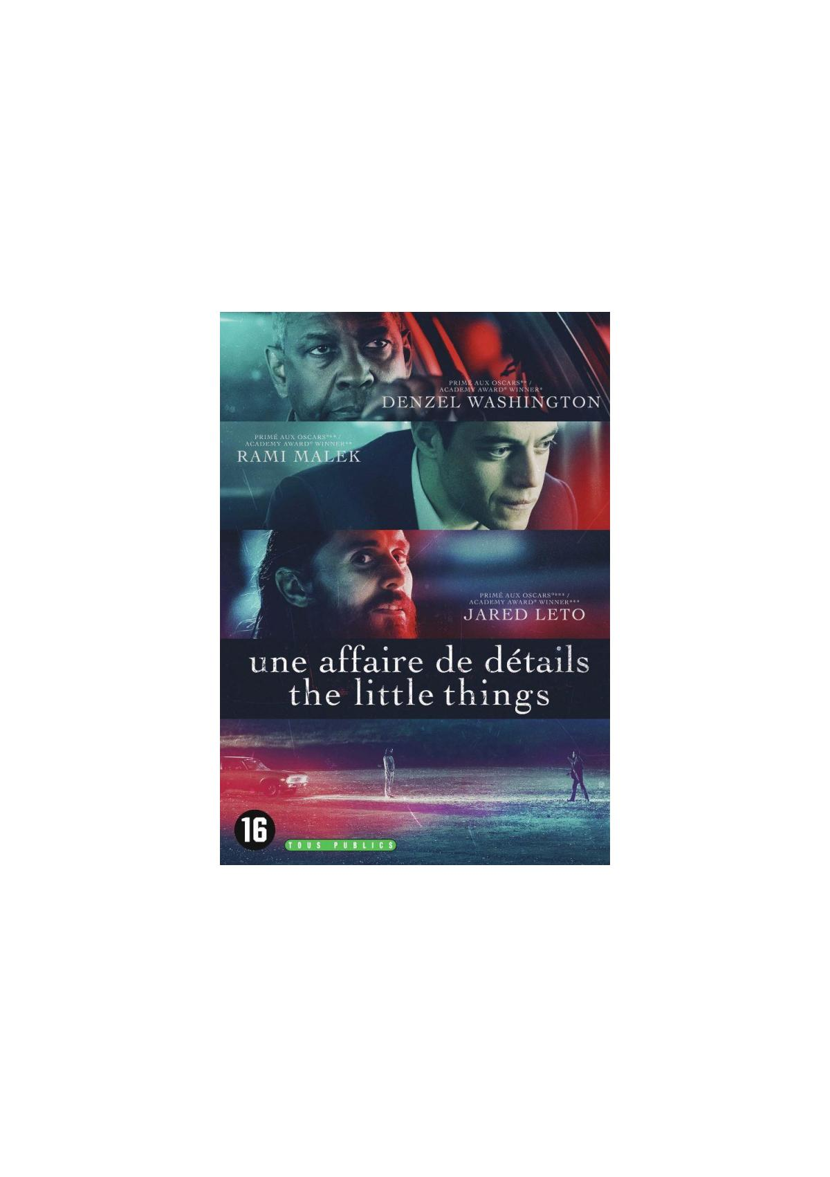 DVD-hoes van 'The Little Things'. Denzel Washington, Rami Malek en Jared Leto zijn te zien.
