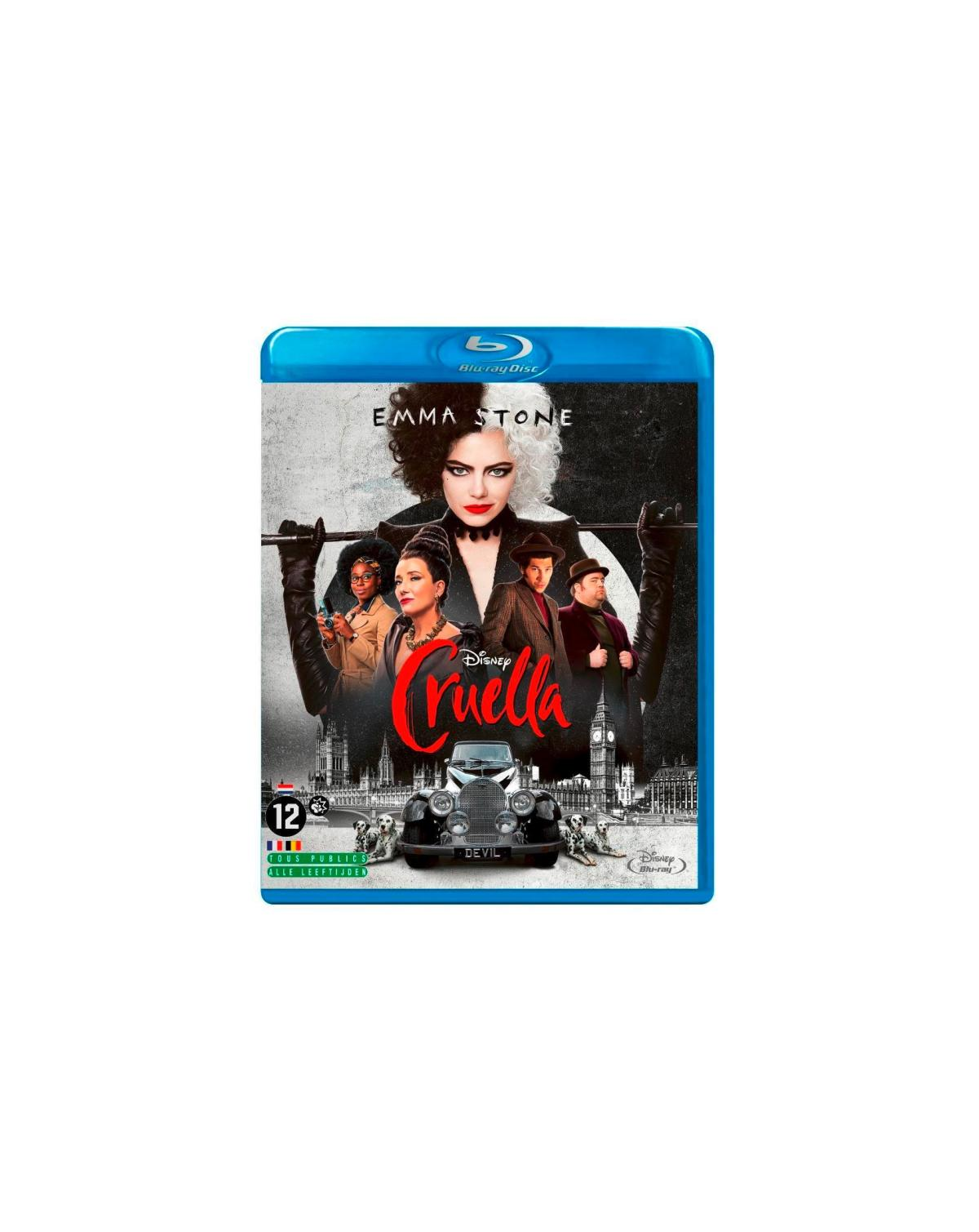 Cruella Blu-ray cover with Emma Stone and other characters.