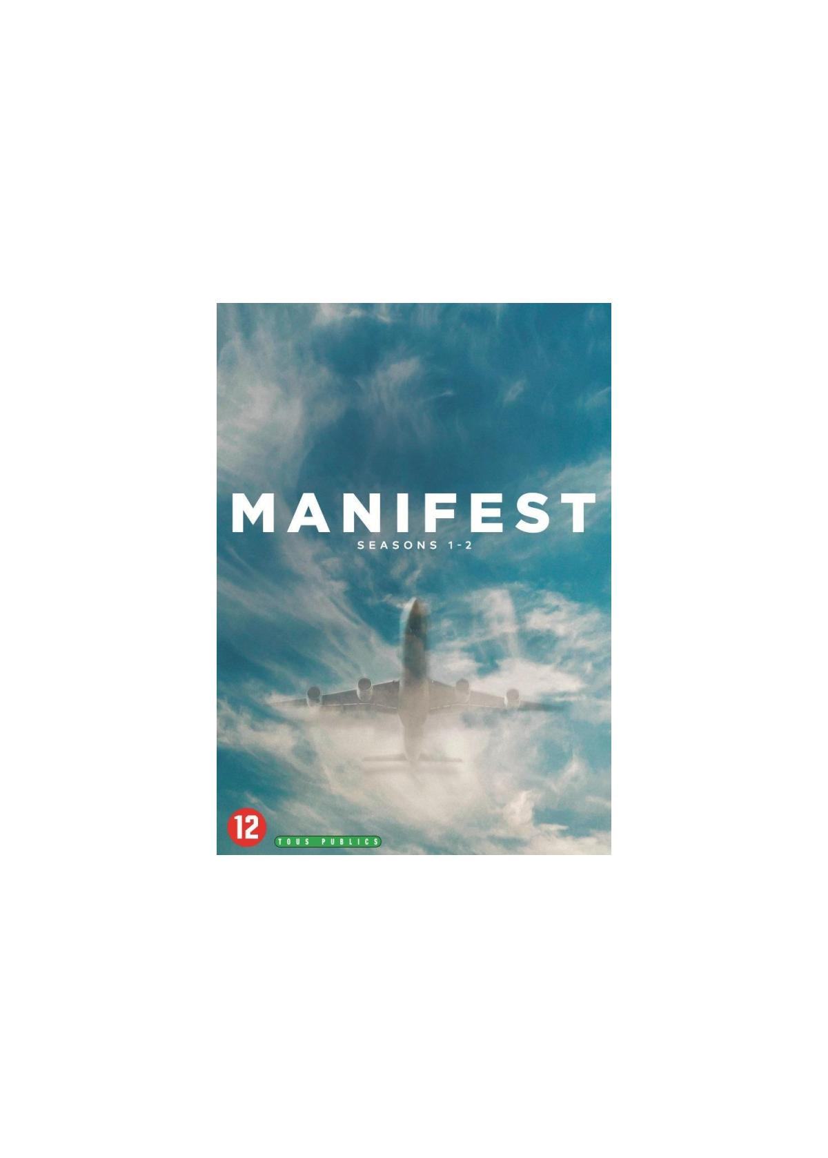 Filmposter met een vliegtuig in de wolken. De titel is Manifest. De achtergrond is blauw en wit.