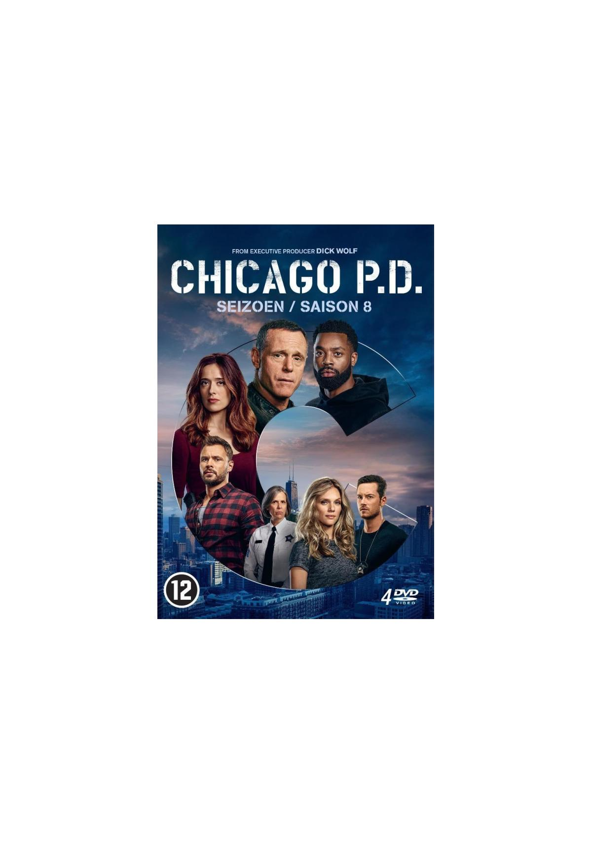 Affiche du film 'Chicago P.D.', un groupe d'acteurs devant une ligne d'horizon urbaine. Disque Blu-ray.