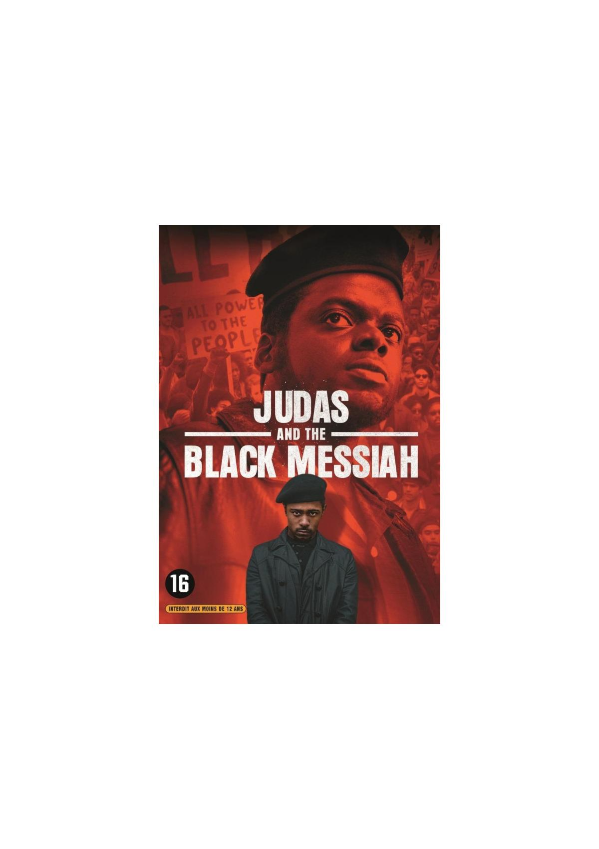 Judas and the Black Messiah dvd-hoes. Een zwarte man met een baret en een jas. Een menigte op de achtergrond.