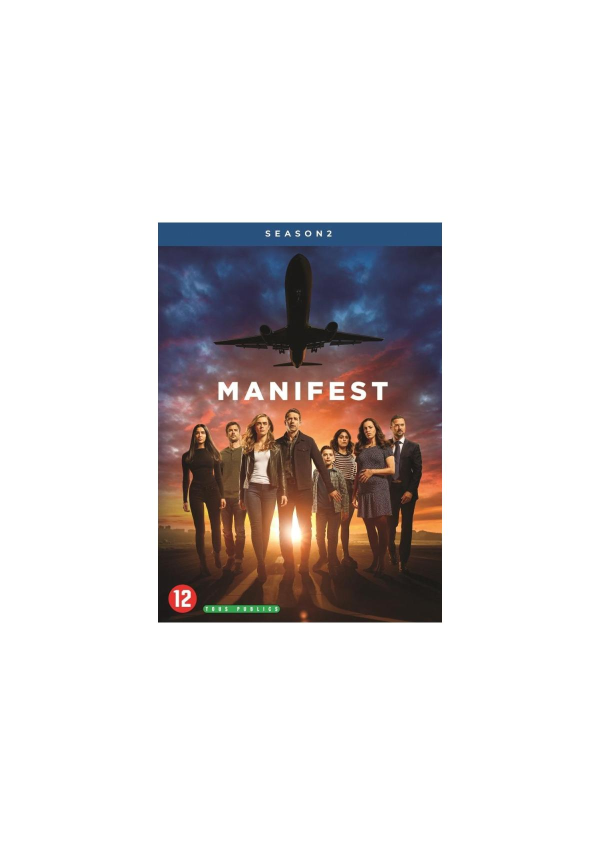Affiche pour Manifest Saison 2. Un avion vole au-dessus d'un groupe de personnes sur une piste.