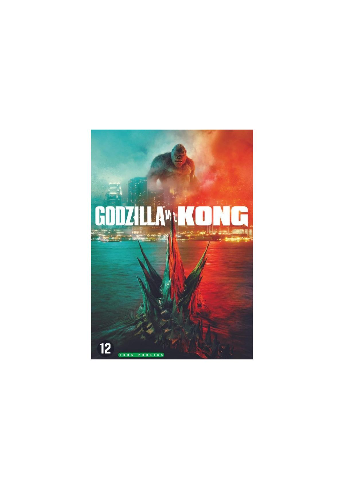 Couverture DVD de 'Godzilla vs. Kong'. Godzilla et Kong se font face dans un environnement urbain.