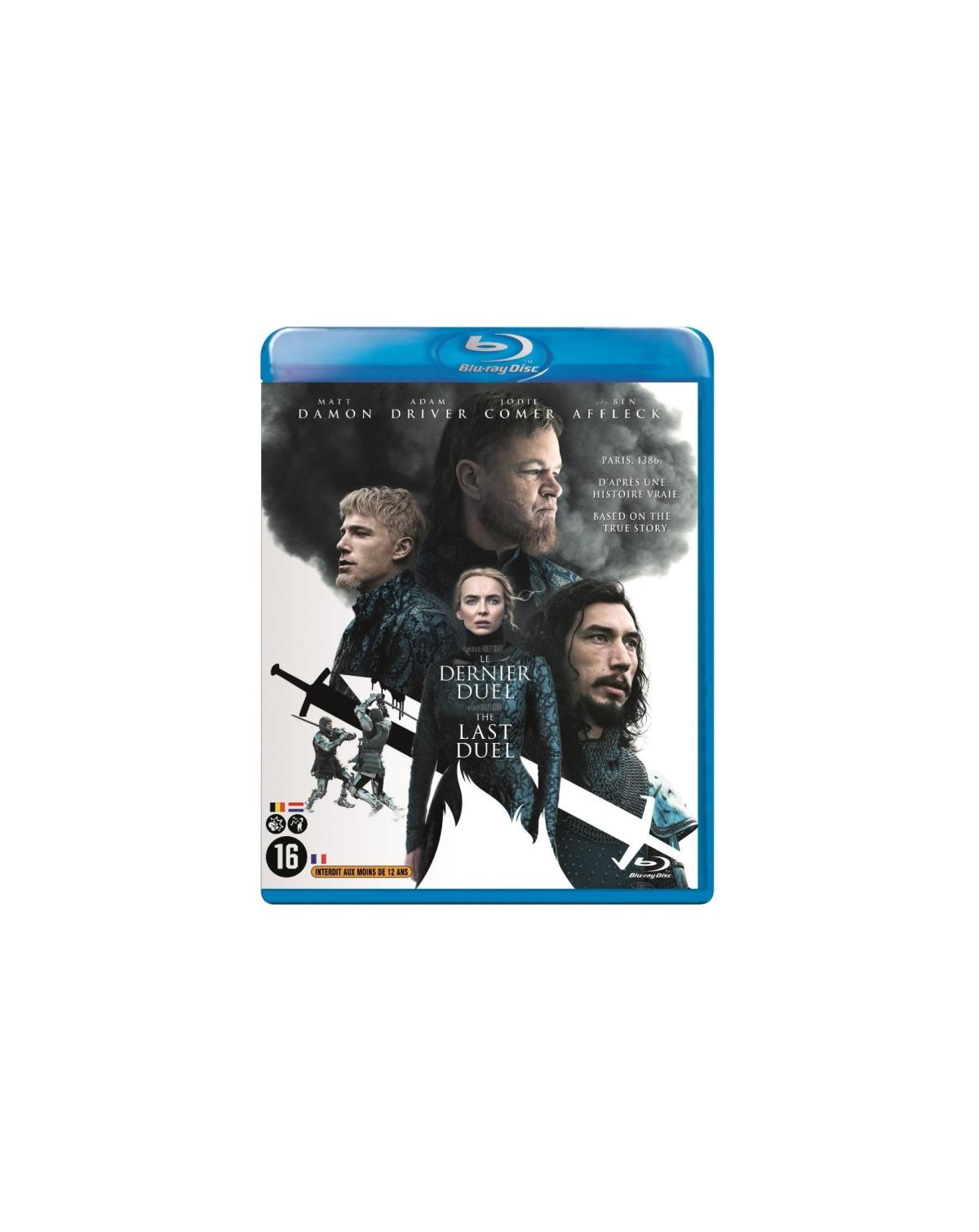 The Last Duel Blu-ray cover. Matt Damon, Adam Driver, Jodie Comer, and Ben Affleck are featured.