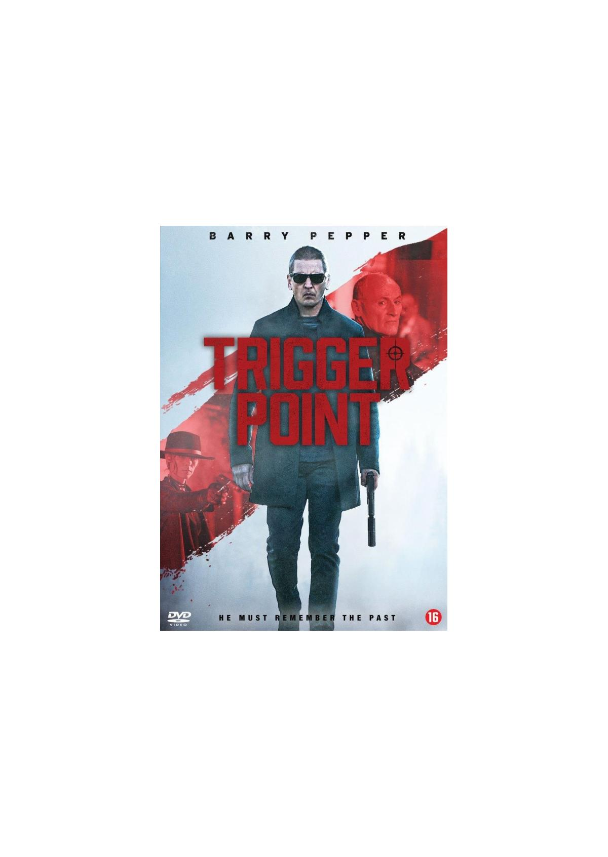 Affiche du film 'Trigger Point' avec un homme portant des lunettes de soleil tenant une arme à feu, avec d'autres visages.