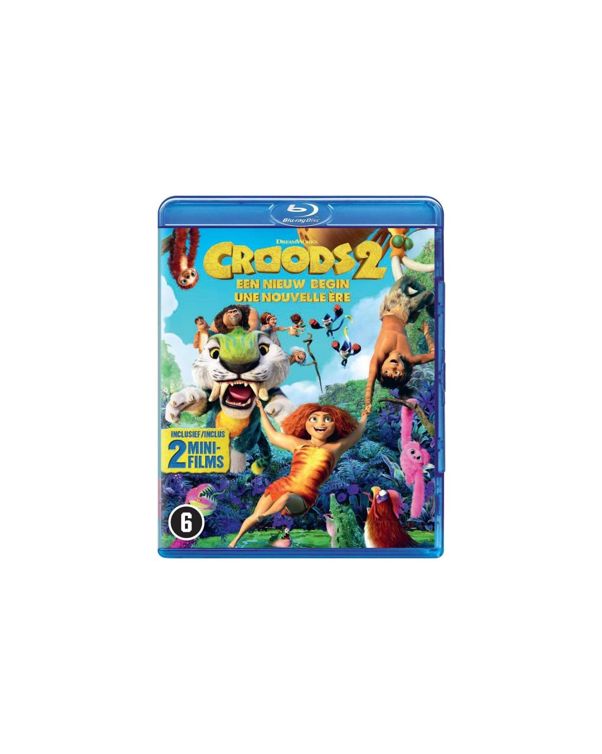 Filmposter 'The Croods 2', een groep cartoonfiguren. Groene achtergrond en een Blu-ray.
