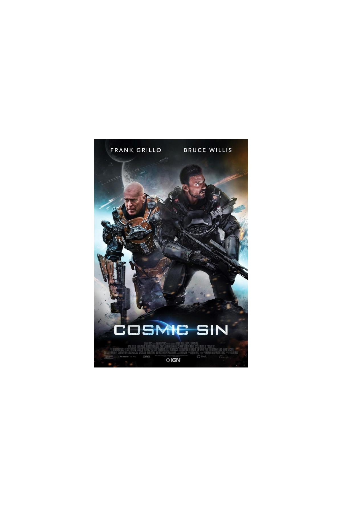 Filmposter 'Cosmic Sin'. Twee soldaten in pantser met wapens voor een donkere ruimte-achtergrond.