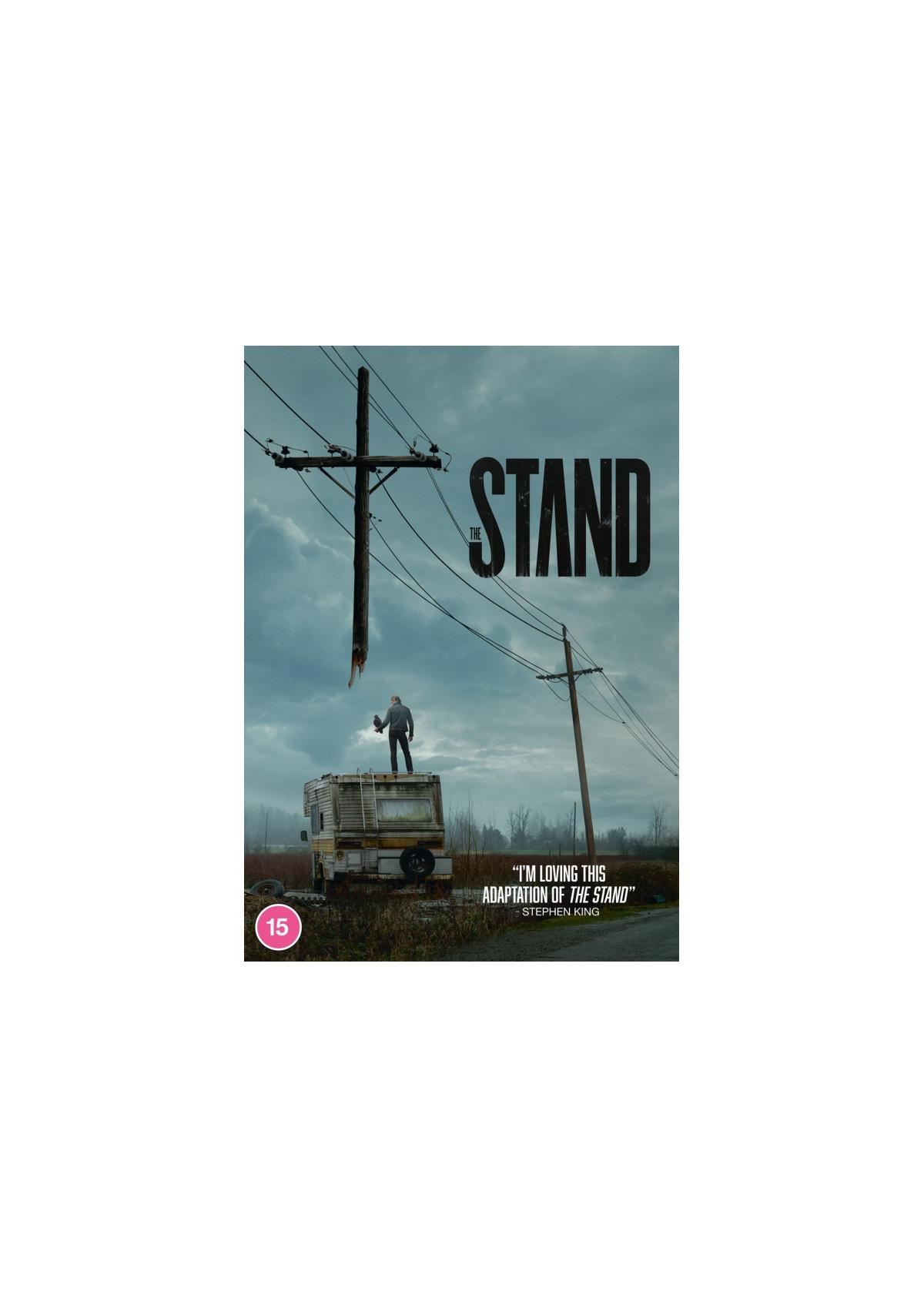 Couverture DVD : The Stand, avec un homme debout sur un véhicule sous un ciel nuageux.