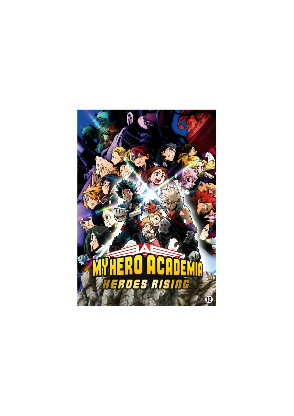 My Hero Academia: Heroes Rising DVD-cover. Veel anime-personages staan op de cover.