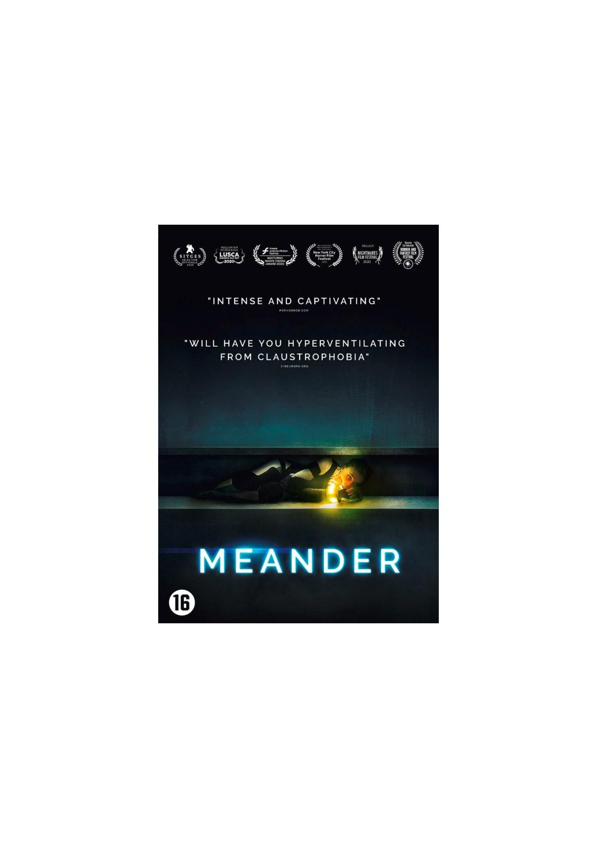 Affiche du film 'Meander'. Une personne dans un tunnel avec une lampe de poche. Le titre du film est bleu vif.