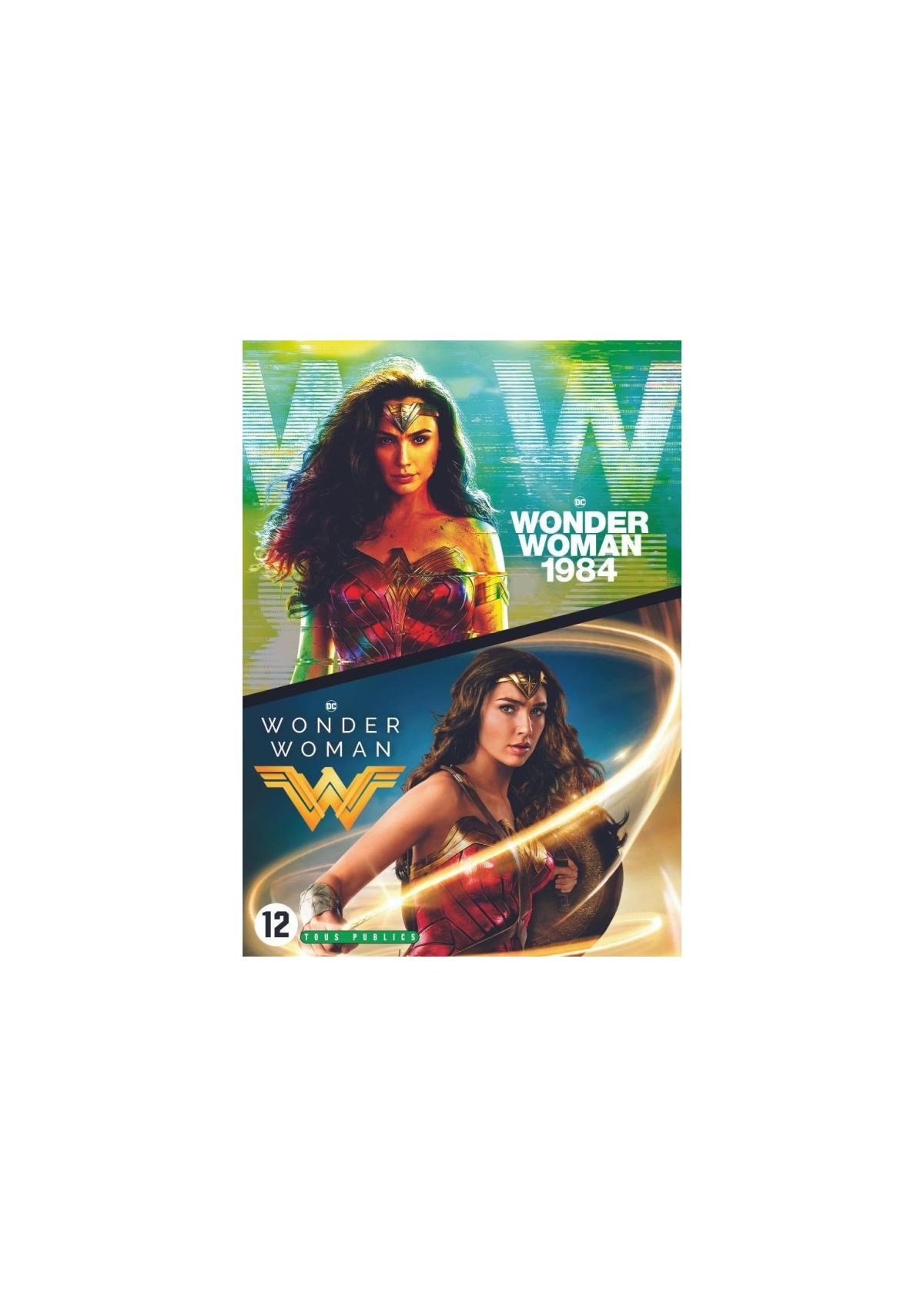 Couverture DVD de Wonder Woman 1984. Deux images de Wonder Woman, une en armure dorée.