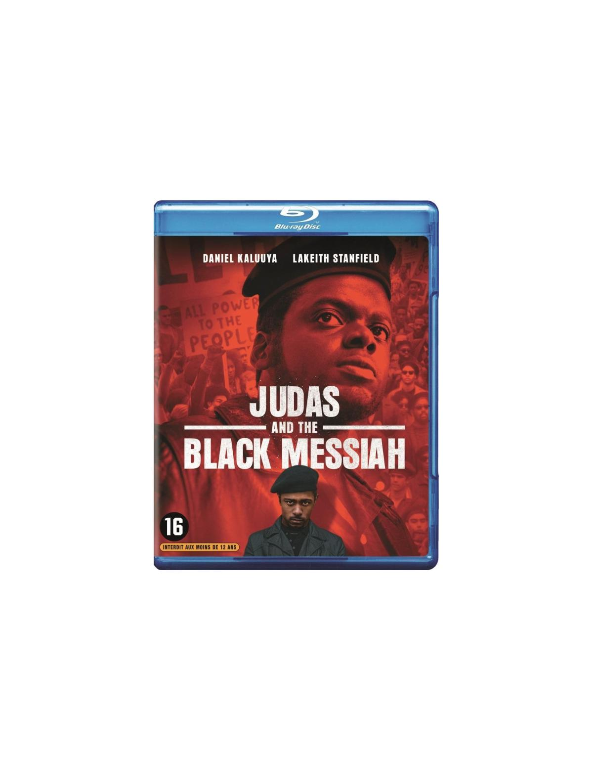 Blu-ray-hoes. Een gezicht van een man en een menigte met de titel: Judas and the Black Messiah.