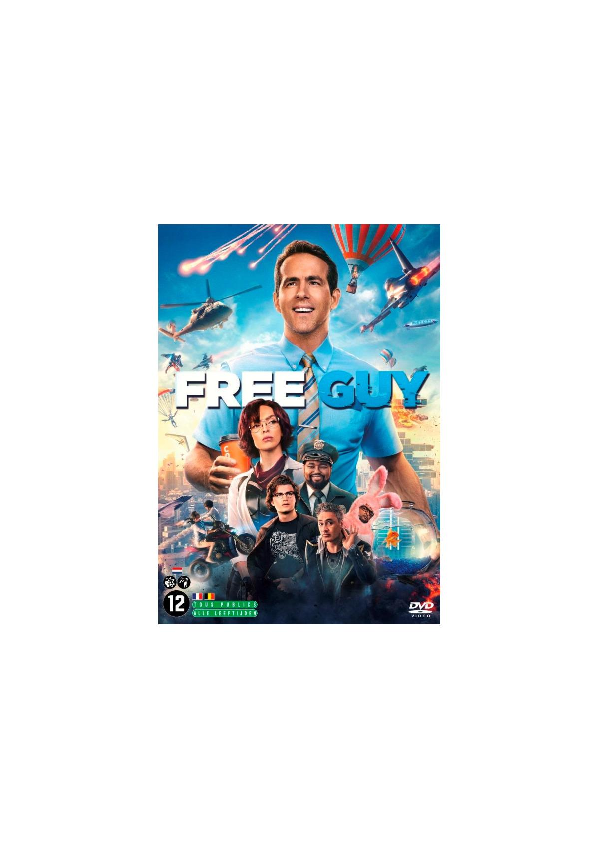 Affiche de film avec un homme en chemise bleue entouré de scènes d'action. Le titre est Free Guy.