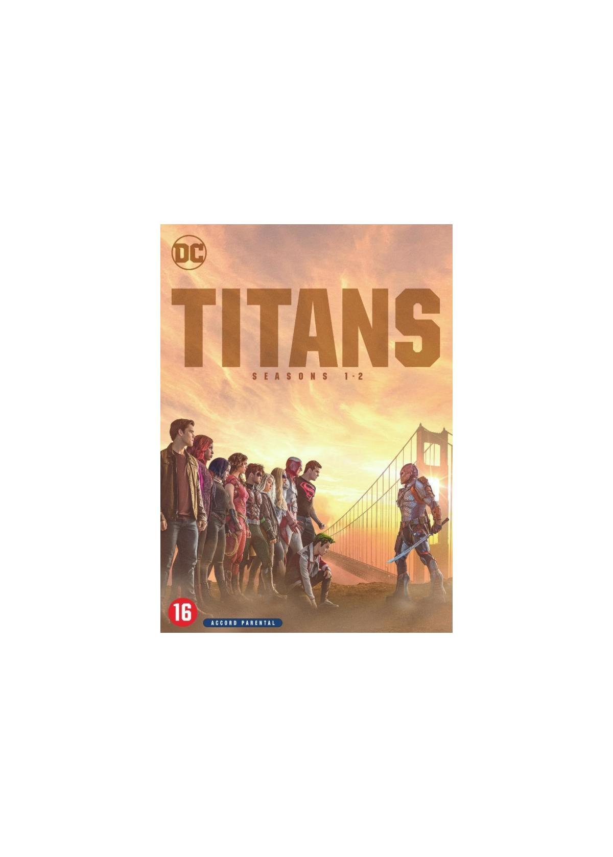 Titans seizoenen 1-2 poster. Een groep jongeren en een figuur in harnas staan voor een gouden brug.
