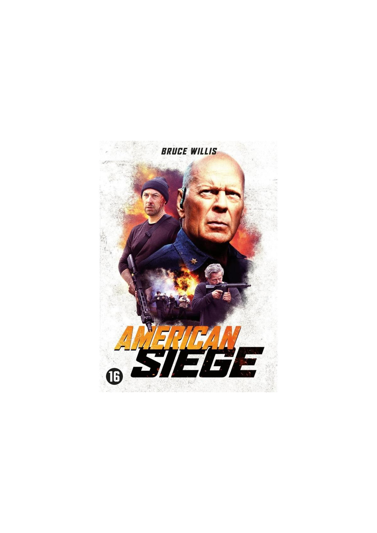 Filmposter met Bruce Willis en twee andere mannen. Titel is American Siege. De achtergrond is wazig.