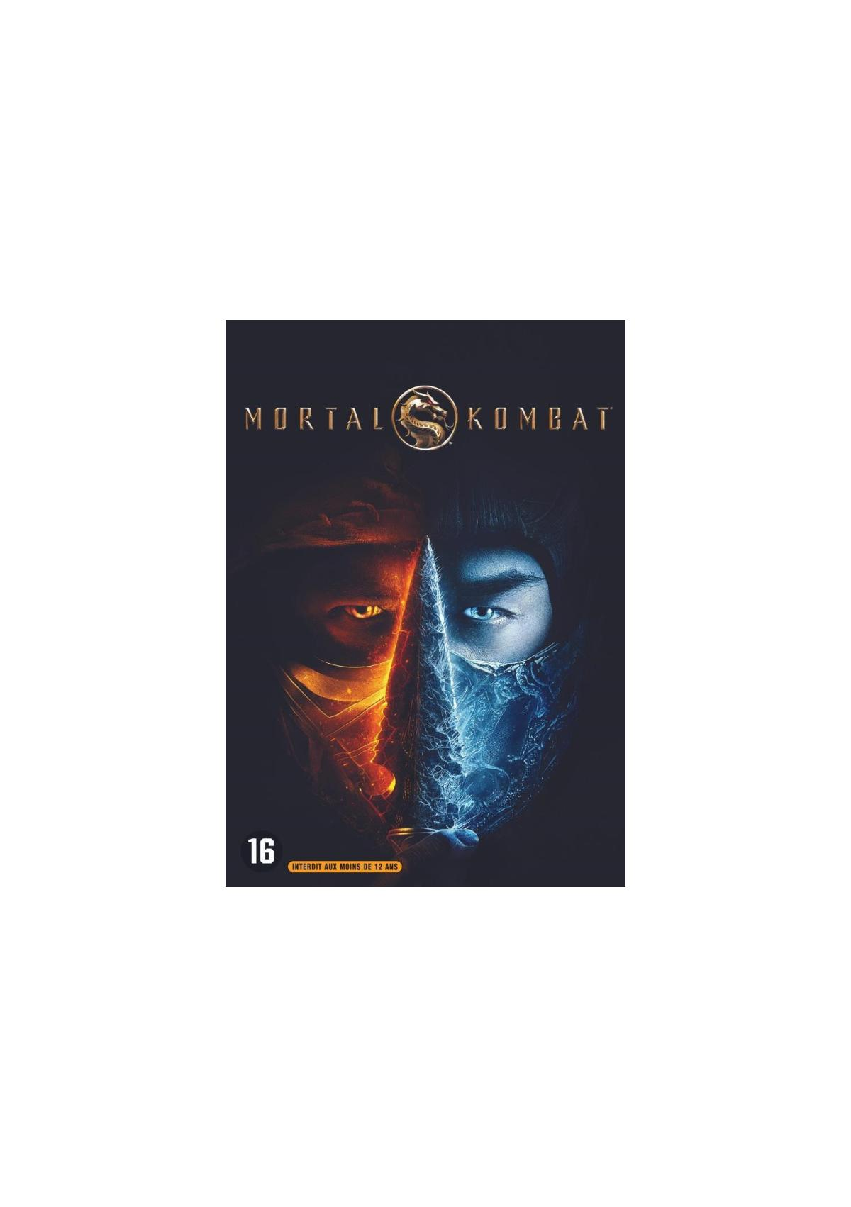 Couverture DVD de Mortal Kombat. Un visage divisé, moitié feu, moitié glace, avec une épée.