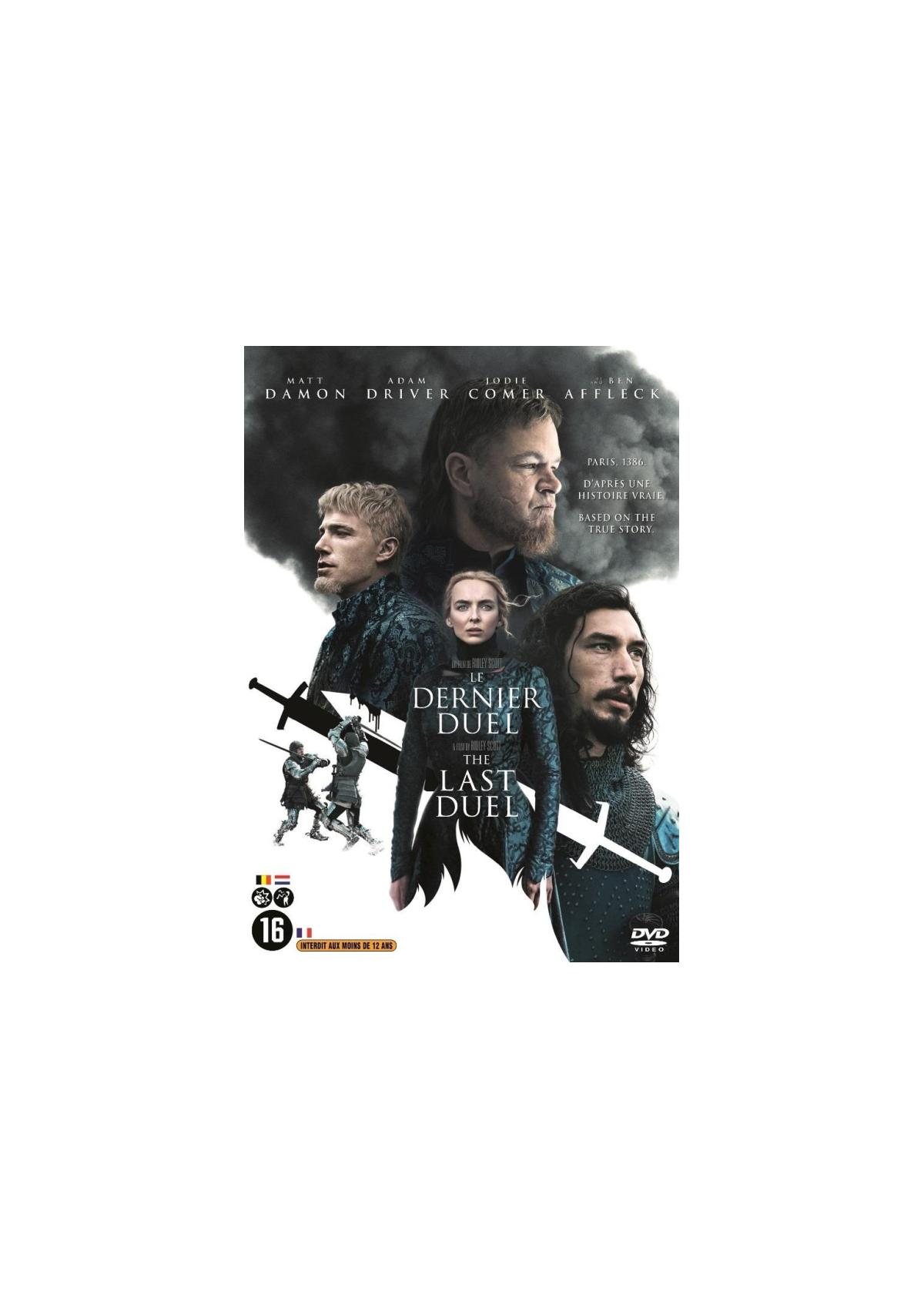 DVD cover: The Last Duel, Matt Damon, Adam Driver, Jodie Comer, and Ben Affleck.