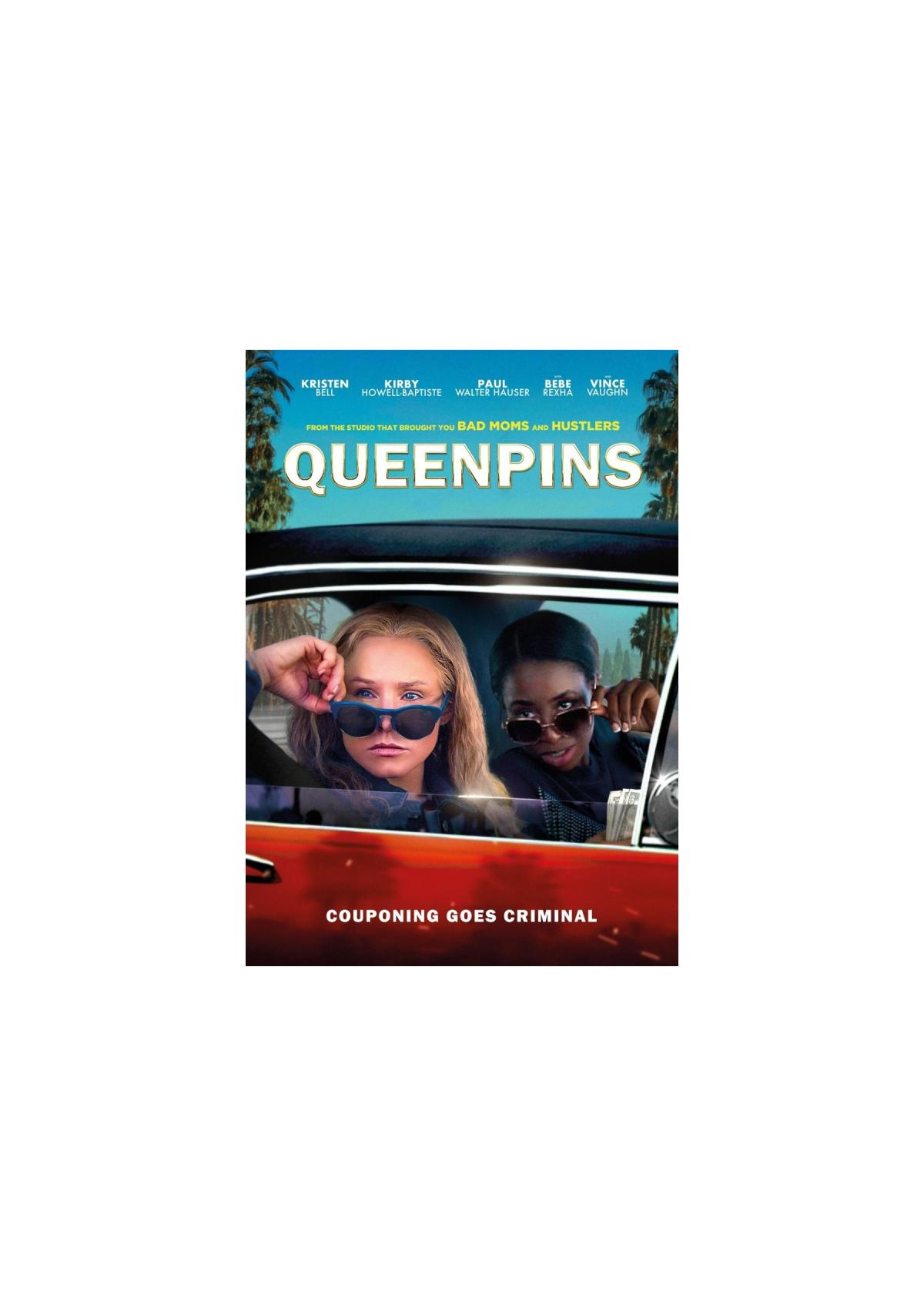 Couverture DVD de Queenpins. Deux femmes en lunettes de soleil dans une voiture. Le titre est en haut.