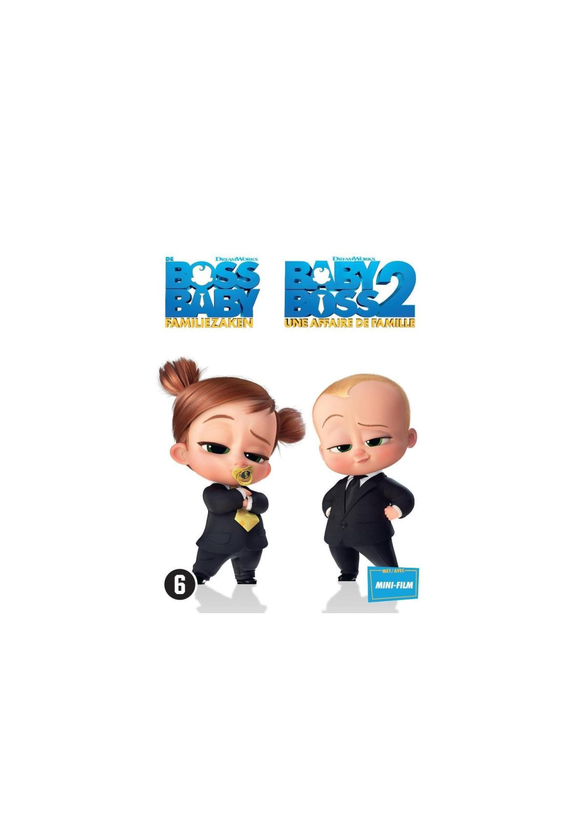 Affiche de film avec deux bébés animés en costume. Le titre est Boss Baby 2. Fond bleu.