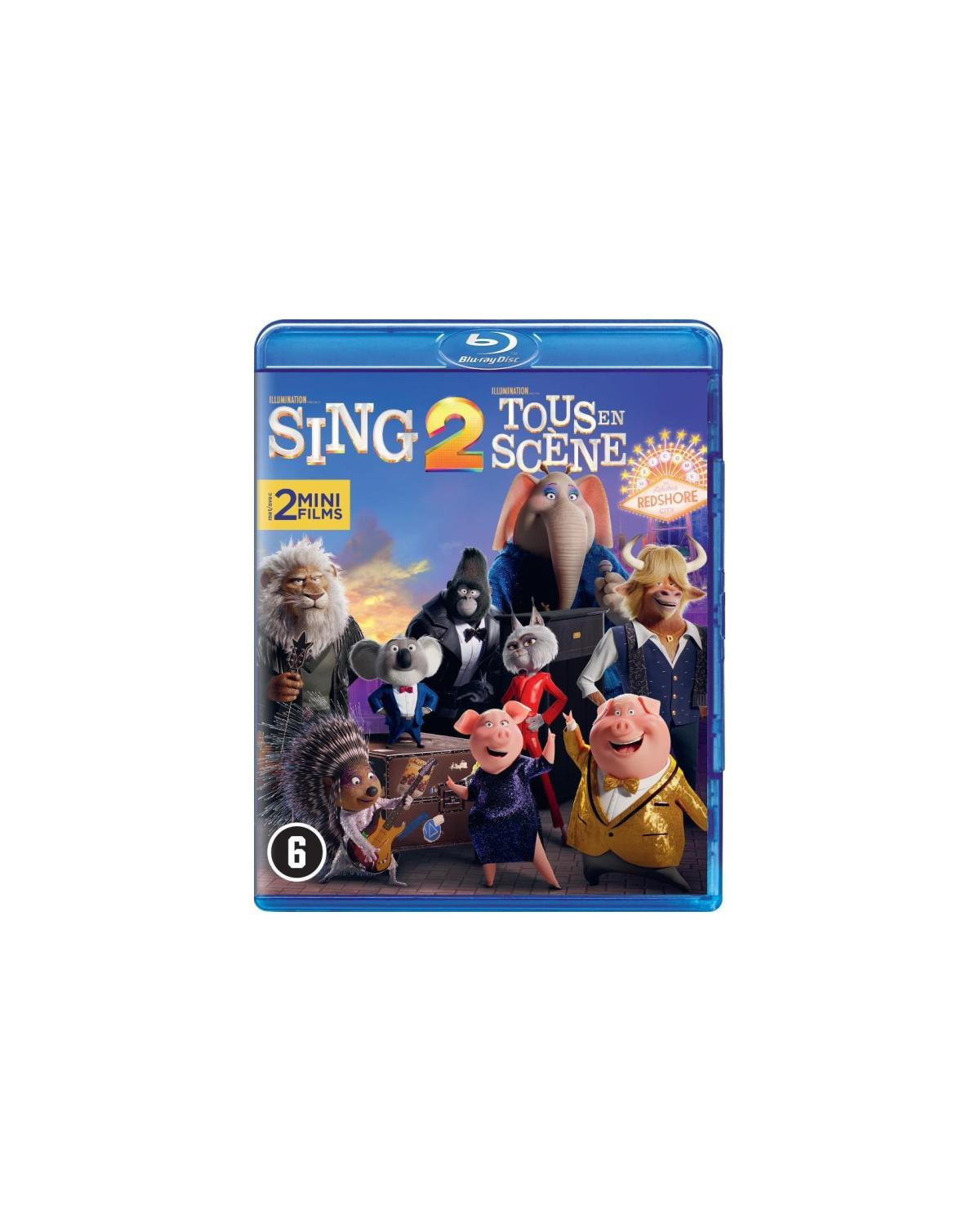 Een groep tekenfilm dieren. De titel is Sing 2.