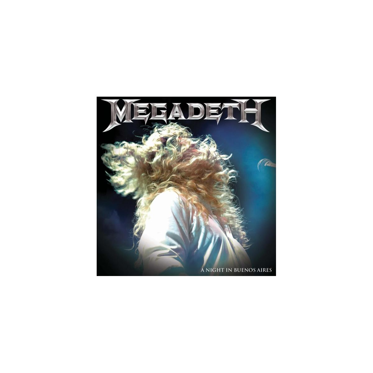 Pochette d'album avec un homme aux cheveux longs chantant avec un microphone. Le titre est Megadeth.