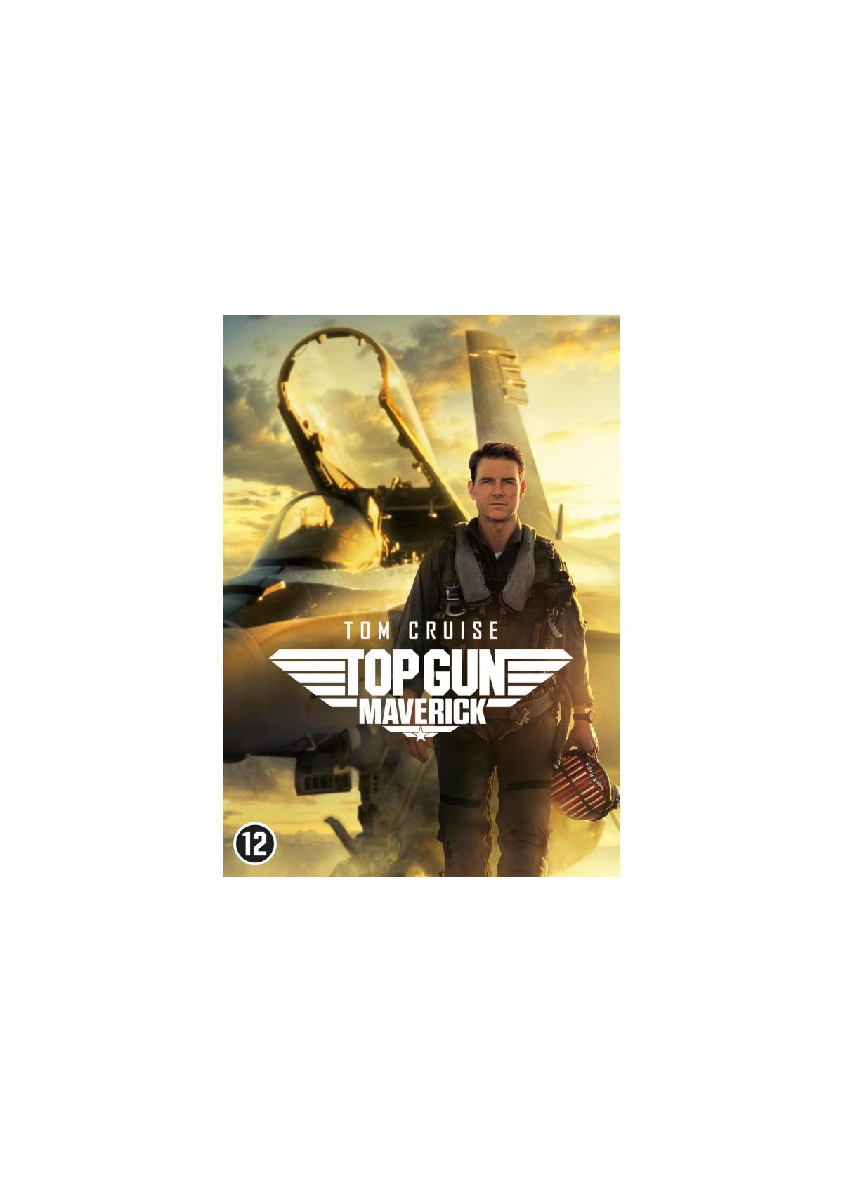 Filmposter: Tom Cruise in een vliegpak met een straaljager, getiteld 'Top Gun: Maverick'.