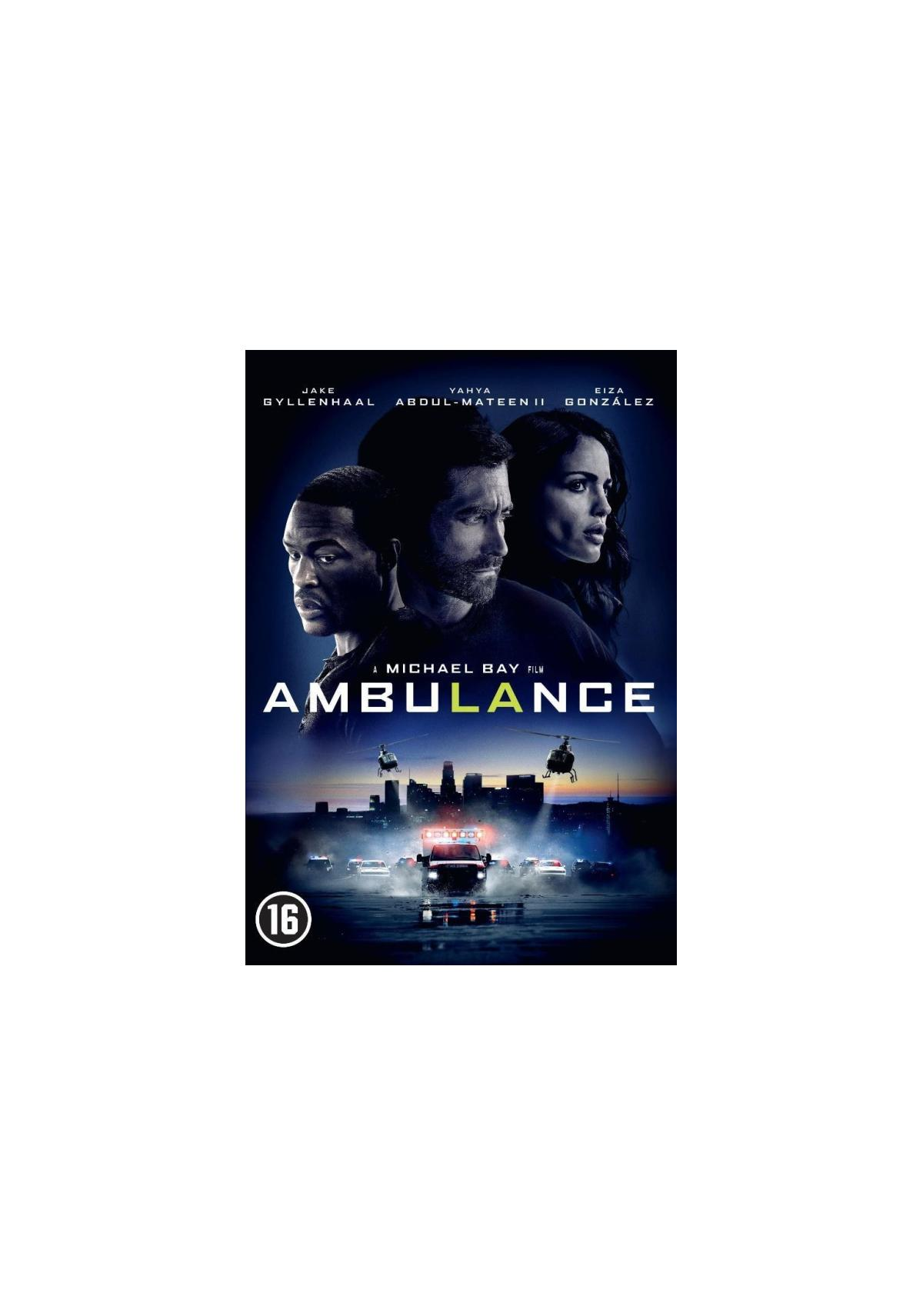 Ambulance poster: Drie mensen en helikopters. Ambulance en politieauto's. 16.