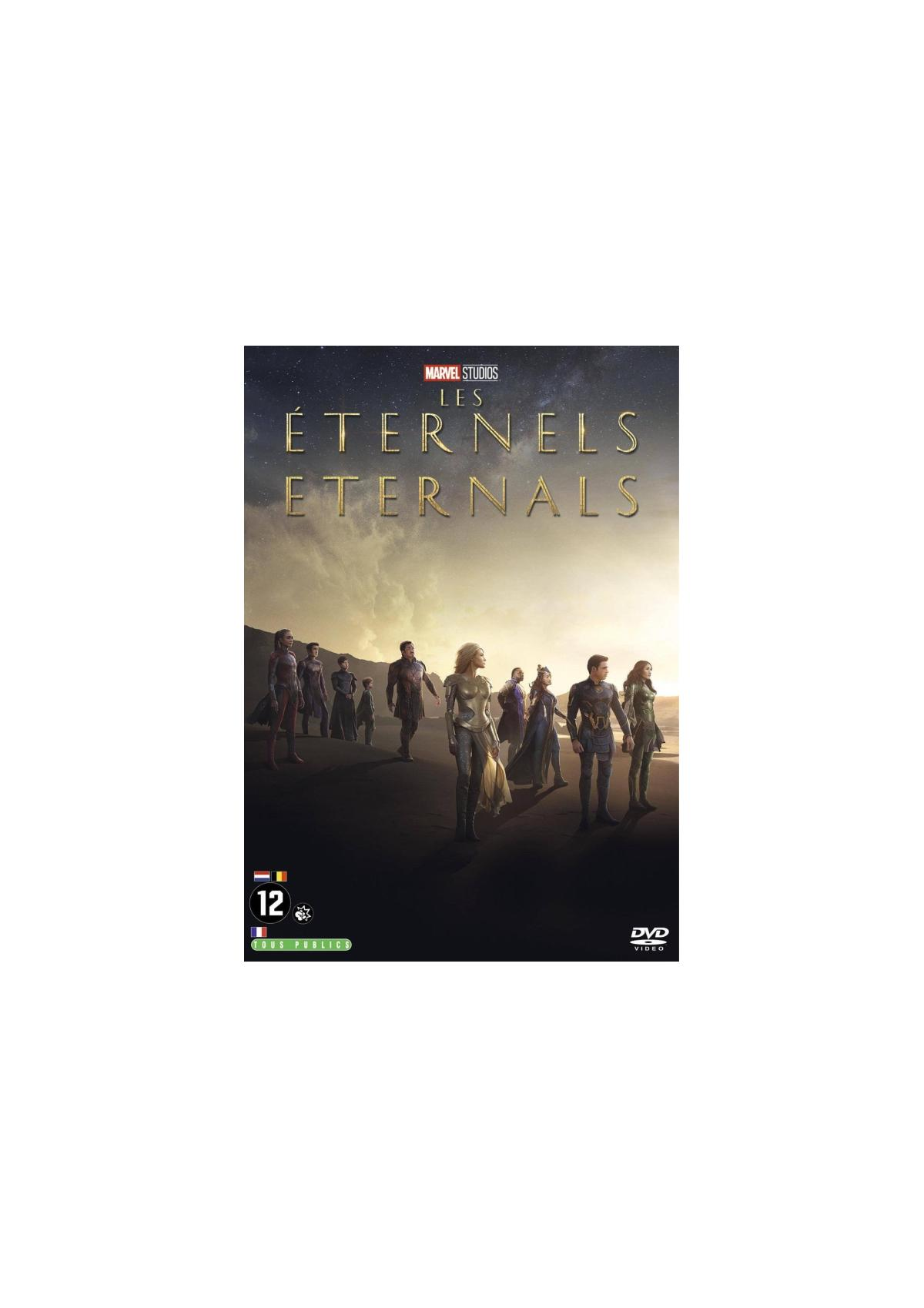Movie cover: The Eternals, group of people walking on a desert, sky in the background.
