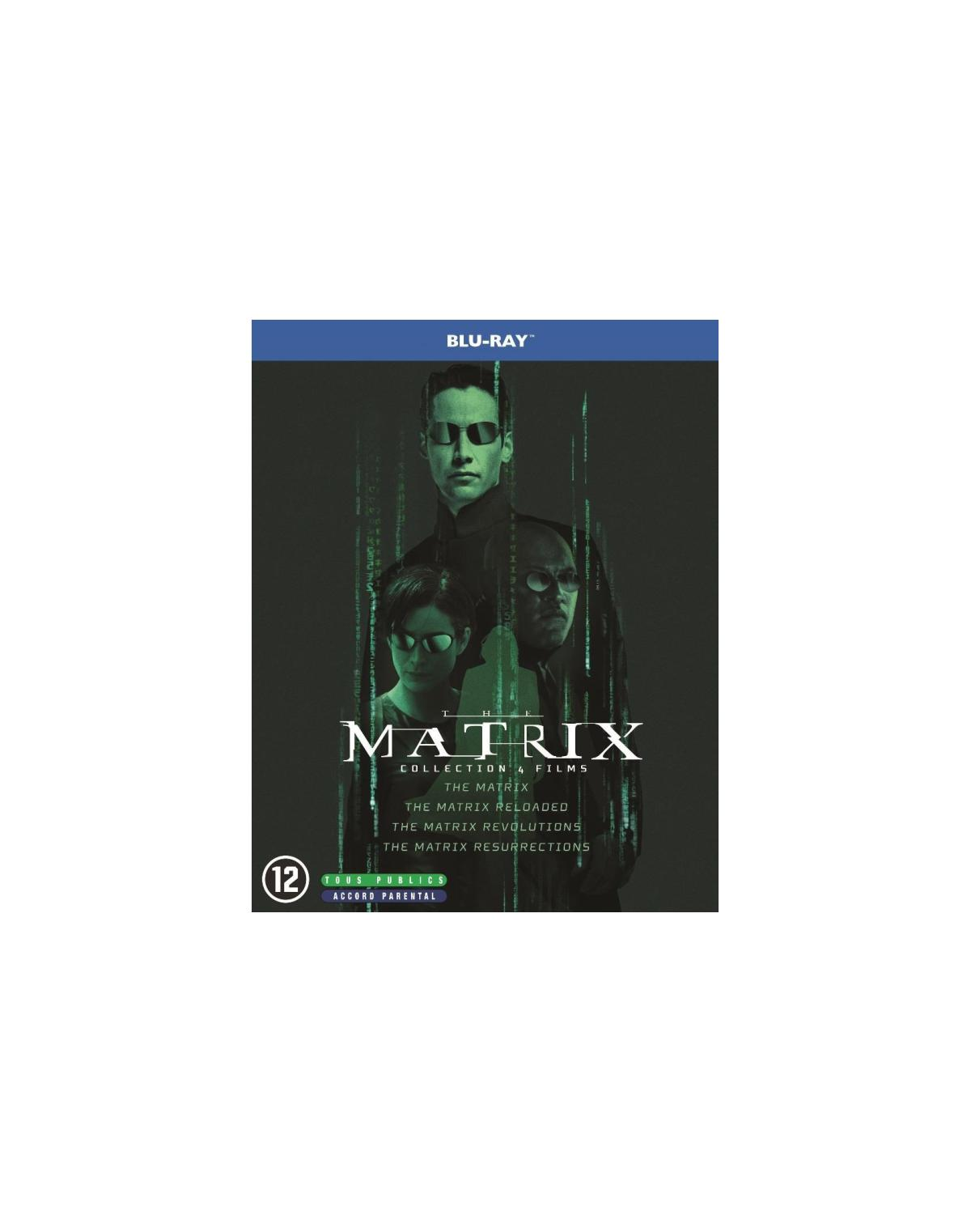 Couverture de film avec des personnages portant des lunettes de soleil. Titre: The Matrix. Boîtier Blu-ray.